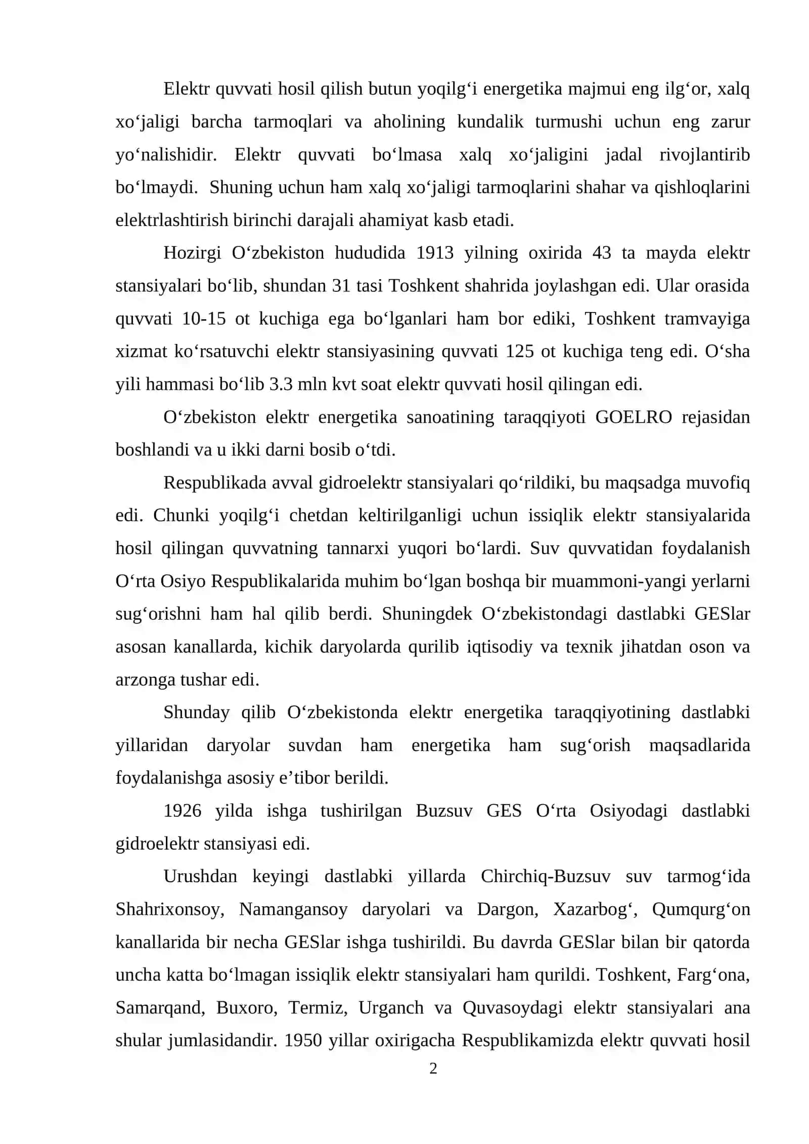 Elektro energetikaning hududiy majmualar rivojlanishi 2
