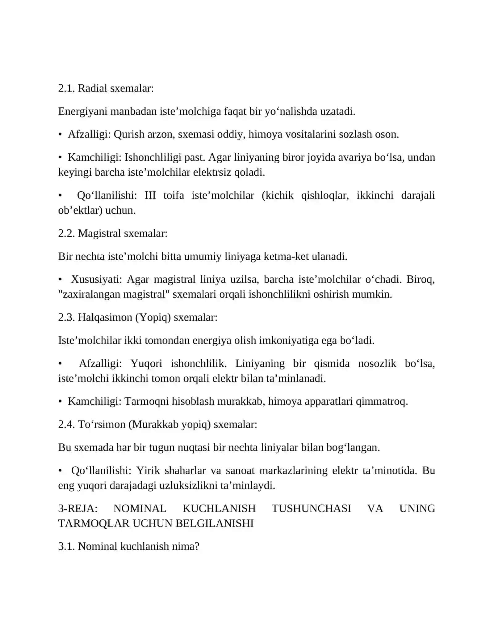 ELEKTR TARMOQLARI VA SISTEMALARINING TUZILISHI, SXEMALARI HAMDA NOMINAL KUCHLANISHLARI 2