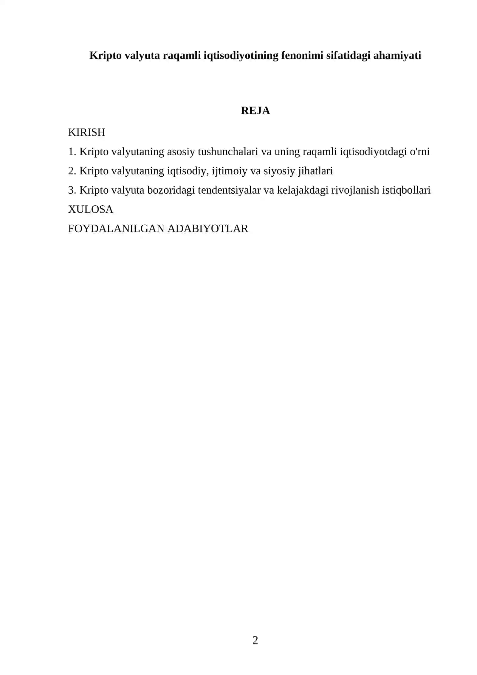 Kripto valyuta raqamli iqtisodiyotining fenonimi sifatidagi ahamiyati 2025-2026 o'quv yili 2