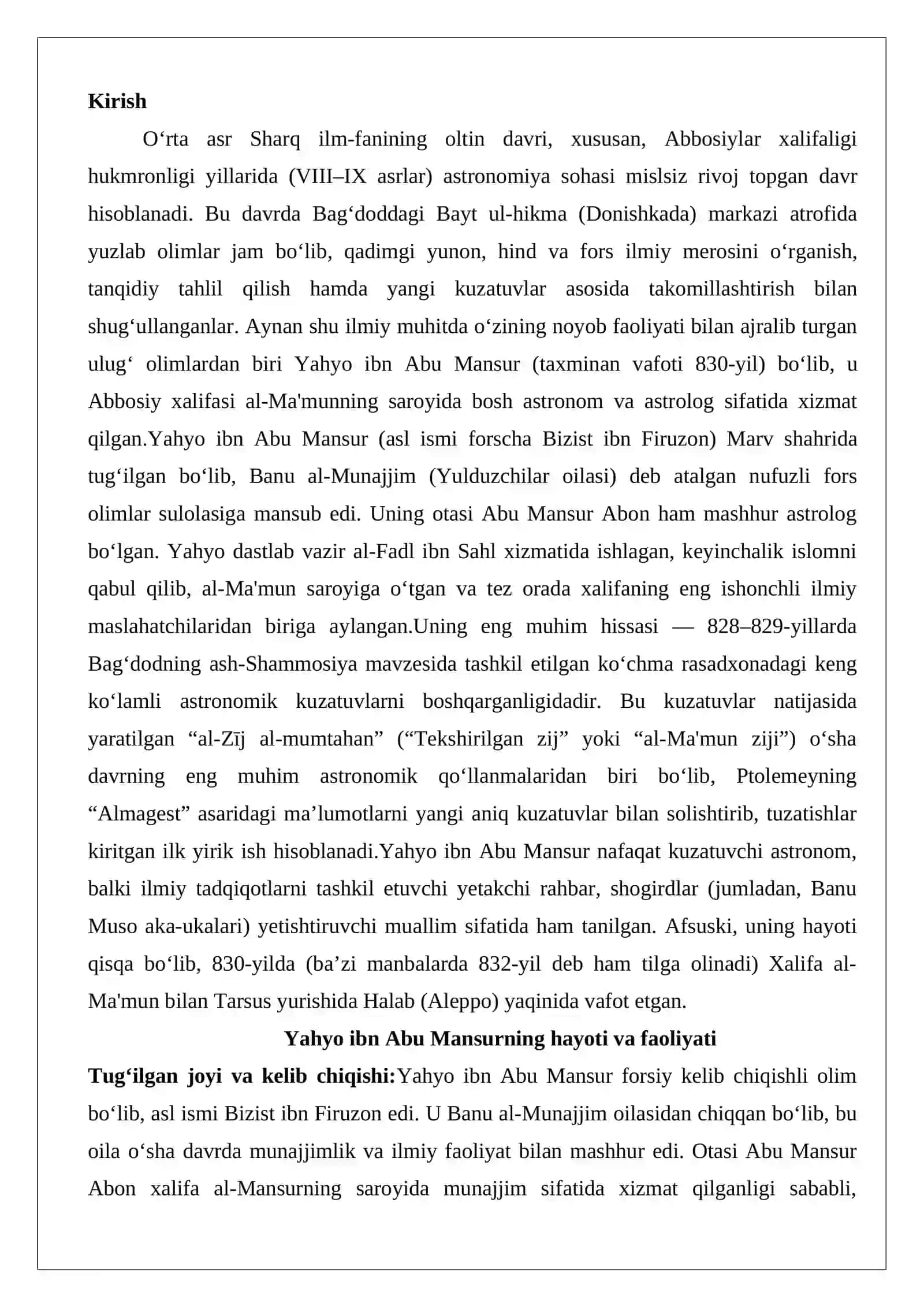 Yahyo ibn Abu Mansurning hayoti va faoliyati 2