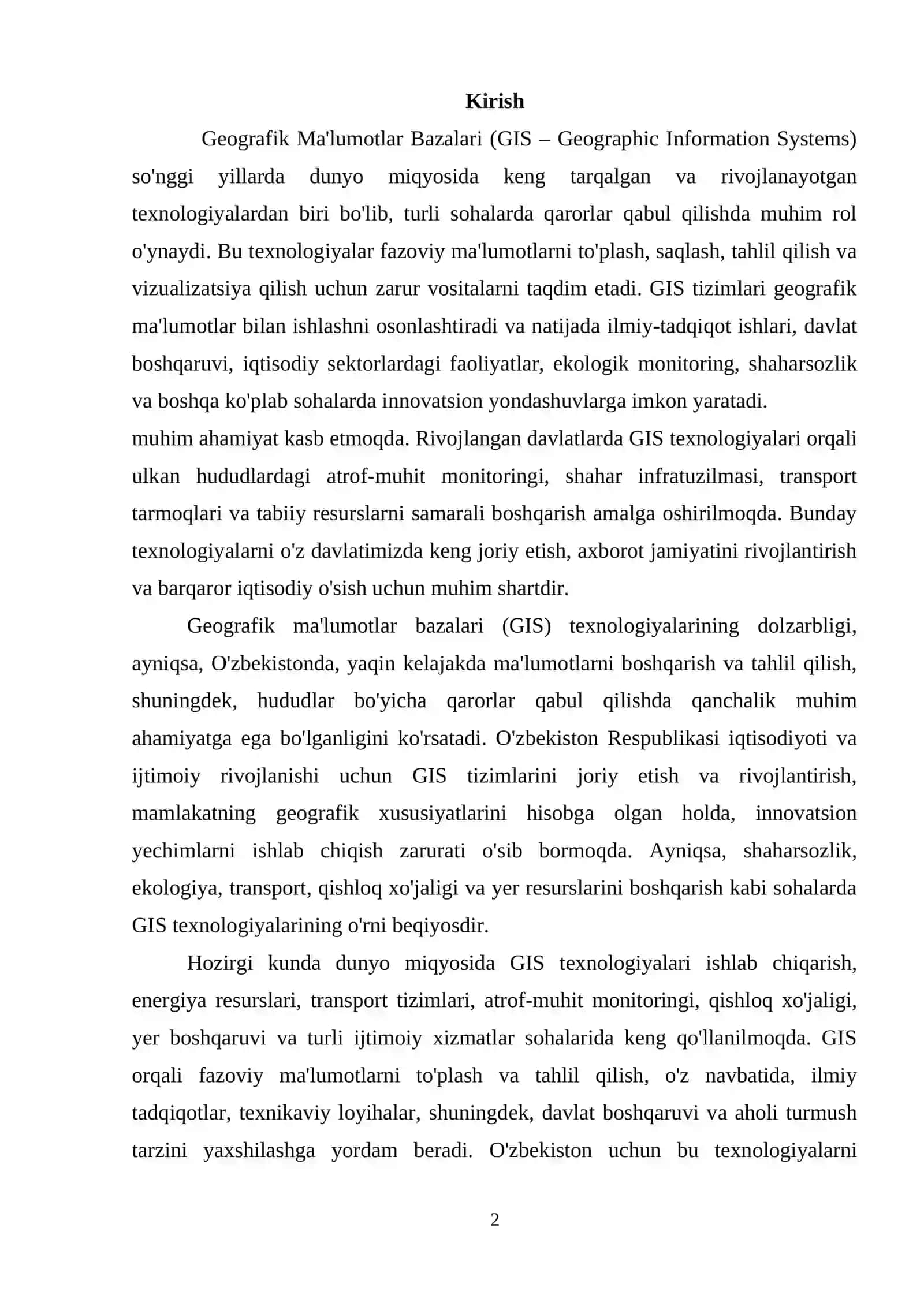 GEOGRAFIK MA'LUMOTLAR BAZALARI (GIS): GISNING ASOSIY QADRIYATLARI, MA'LUMOTLAR BAZALARI TURLARI, VA ULARNI ISHLATISH SOHALARINI TAHLIL QILISH. 2