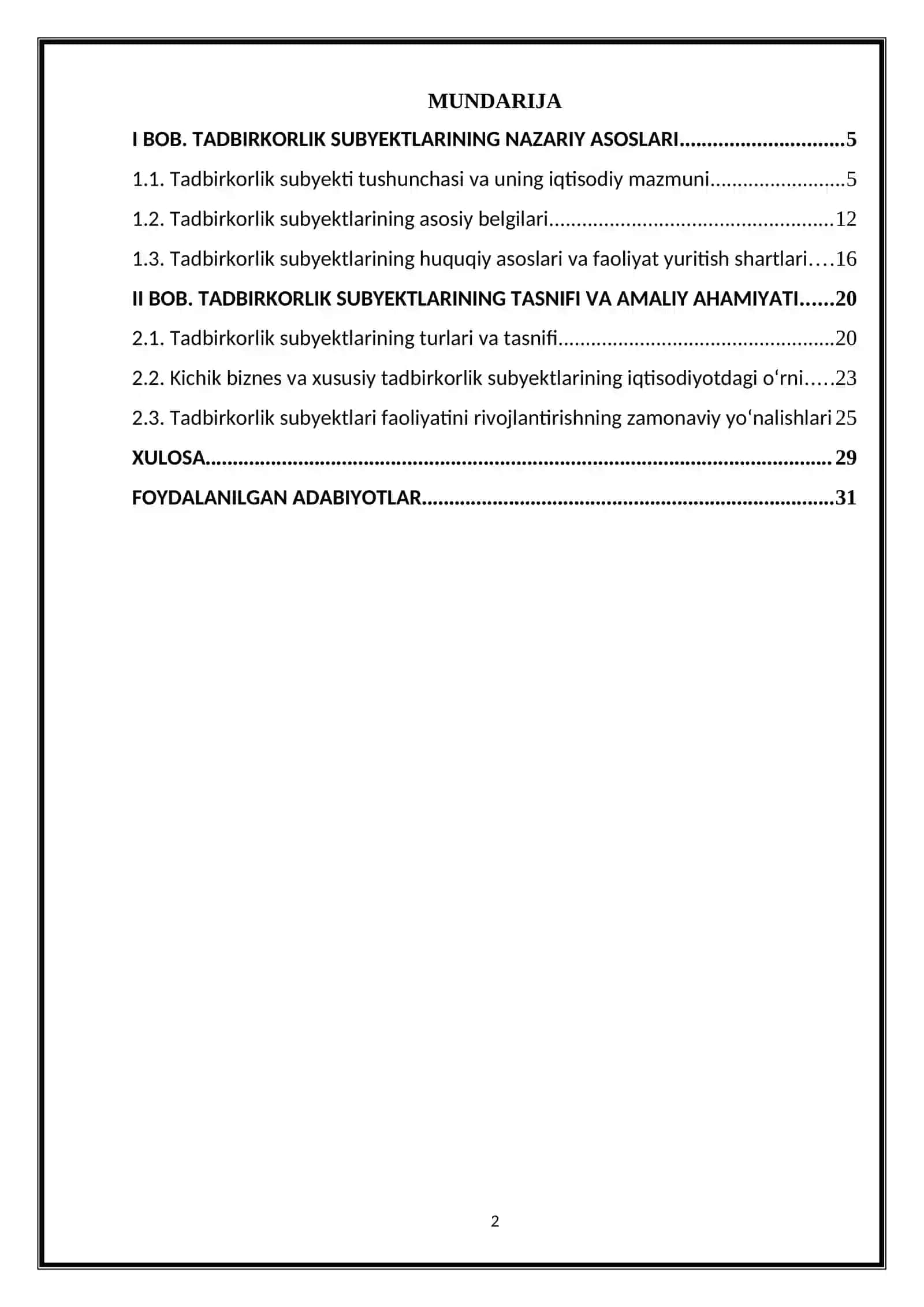 TADBIRKORLIK SUBYEKTI TUSHUNCHASI, BELGILARI VA TASNIFI 2