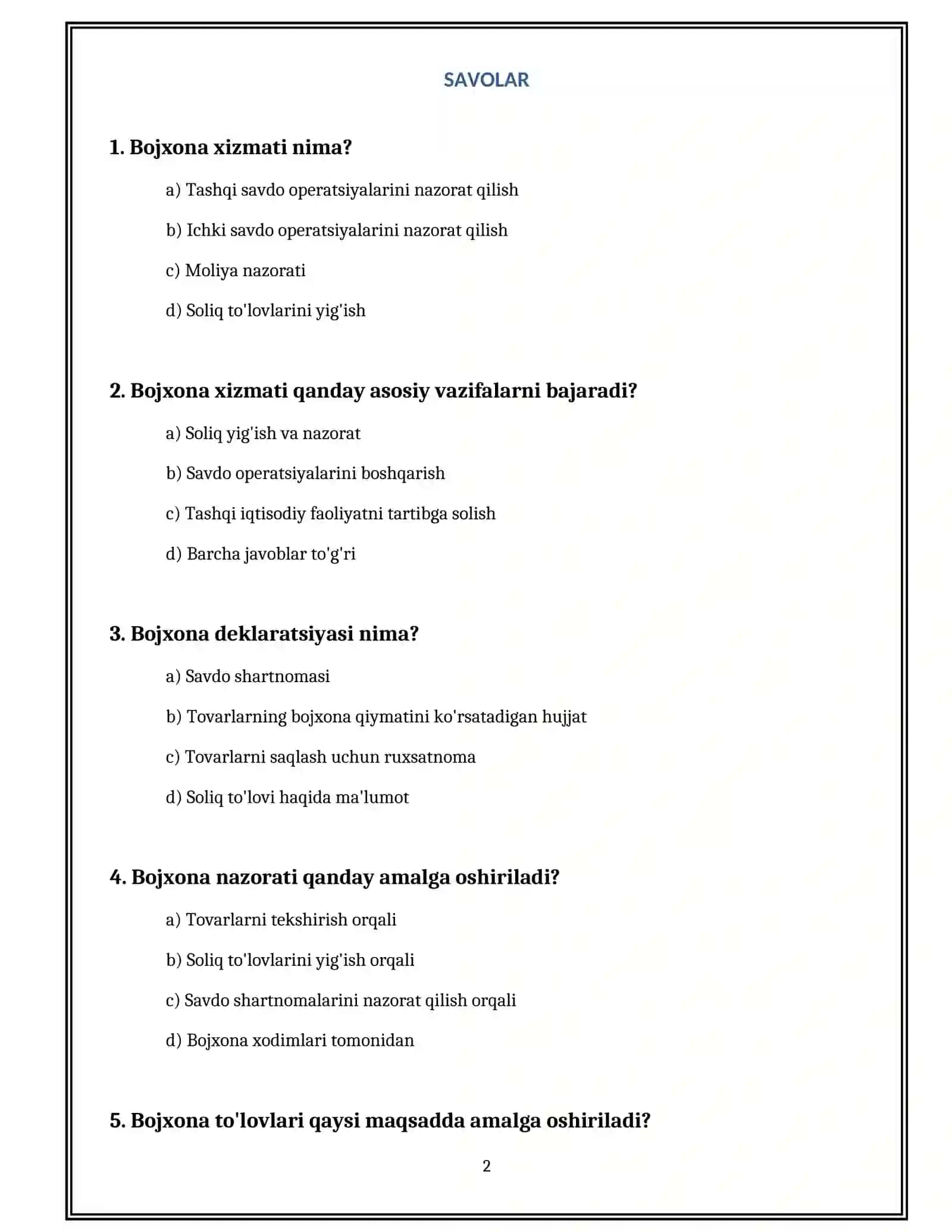 BOJXONA XIZMATCHISI TEST 2