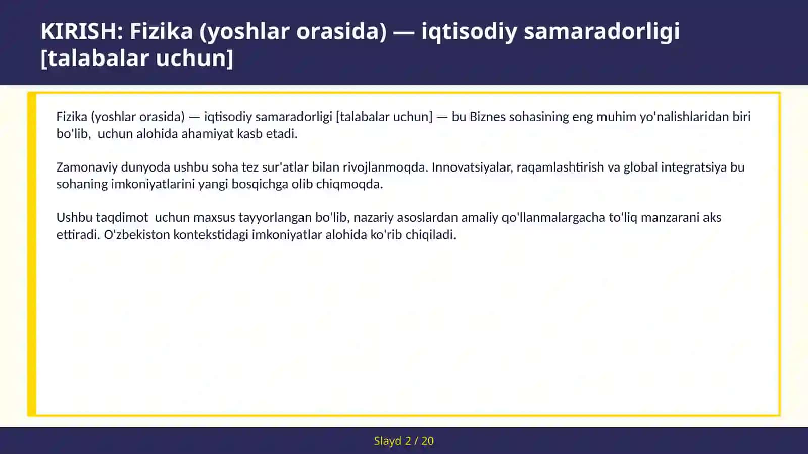 Fizika (yoshlar orasida) — iqtisodiy samaradorligi [talabalar uchun] 2