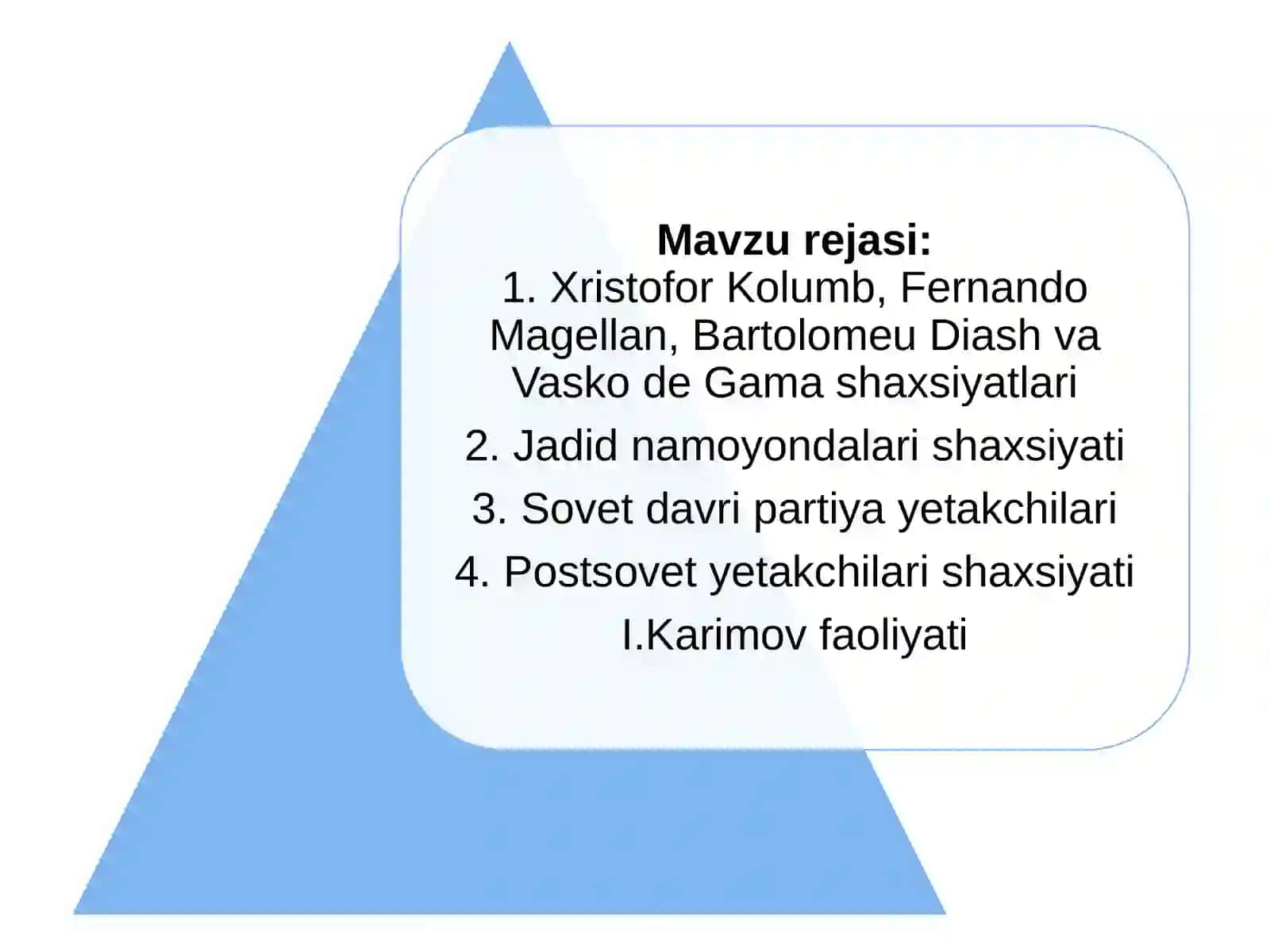 Yangi davrga yo’l ochgan shaxsiyatlar. O’rta Osiyada yetakchilar va ziyolilar shaxsiyatlari shakllanishi (XIX – XX asrlar). Postsovet yetakchilari: yangi identifikatsiyani shakllantirish 2