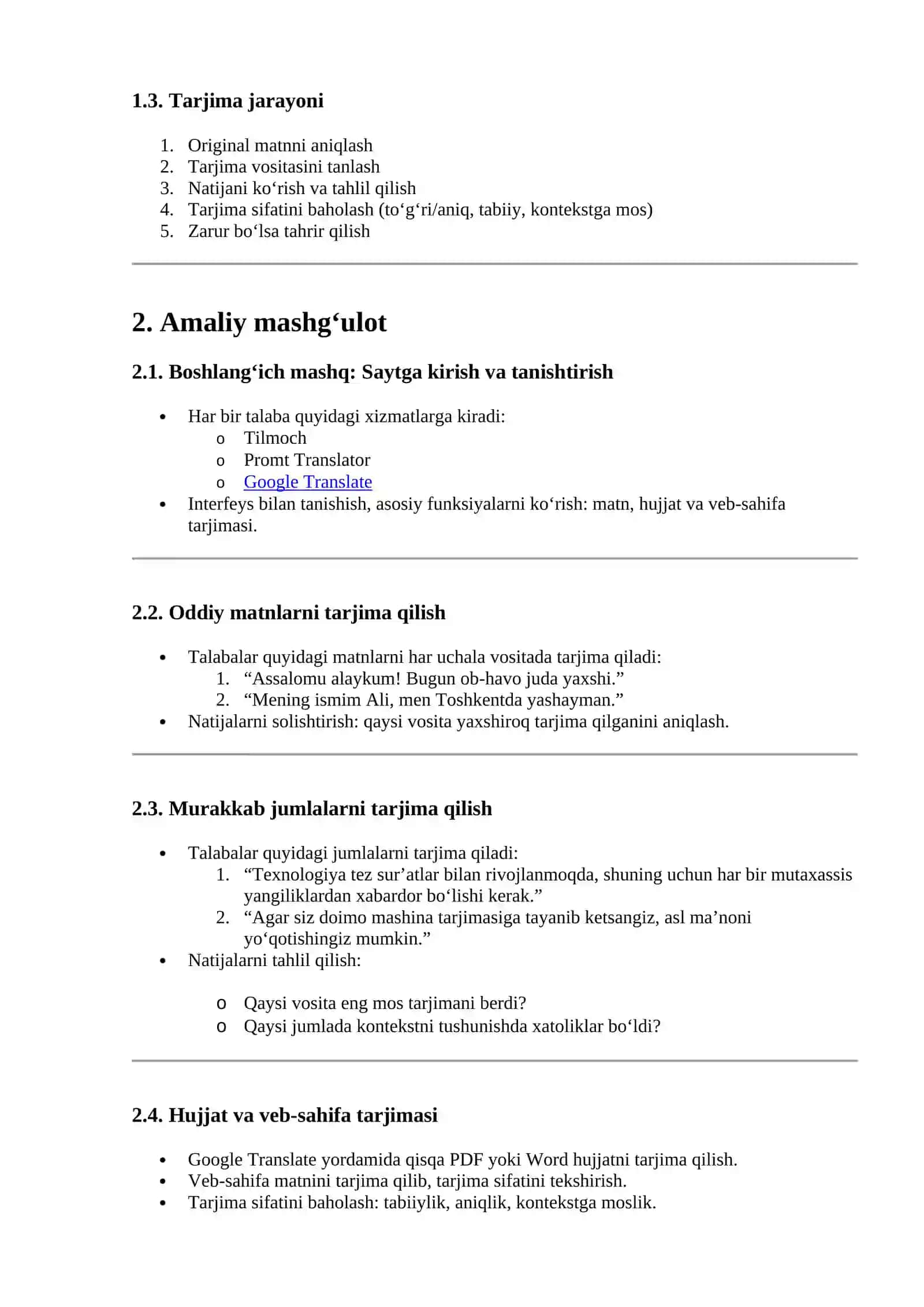 Tarjima qilishni avtomatlashtirish vositalari: Tilmoch, Promt Translator, Google Translate 2