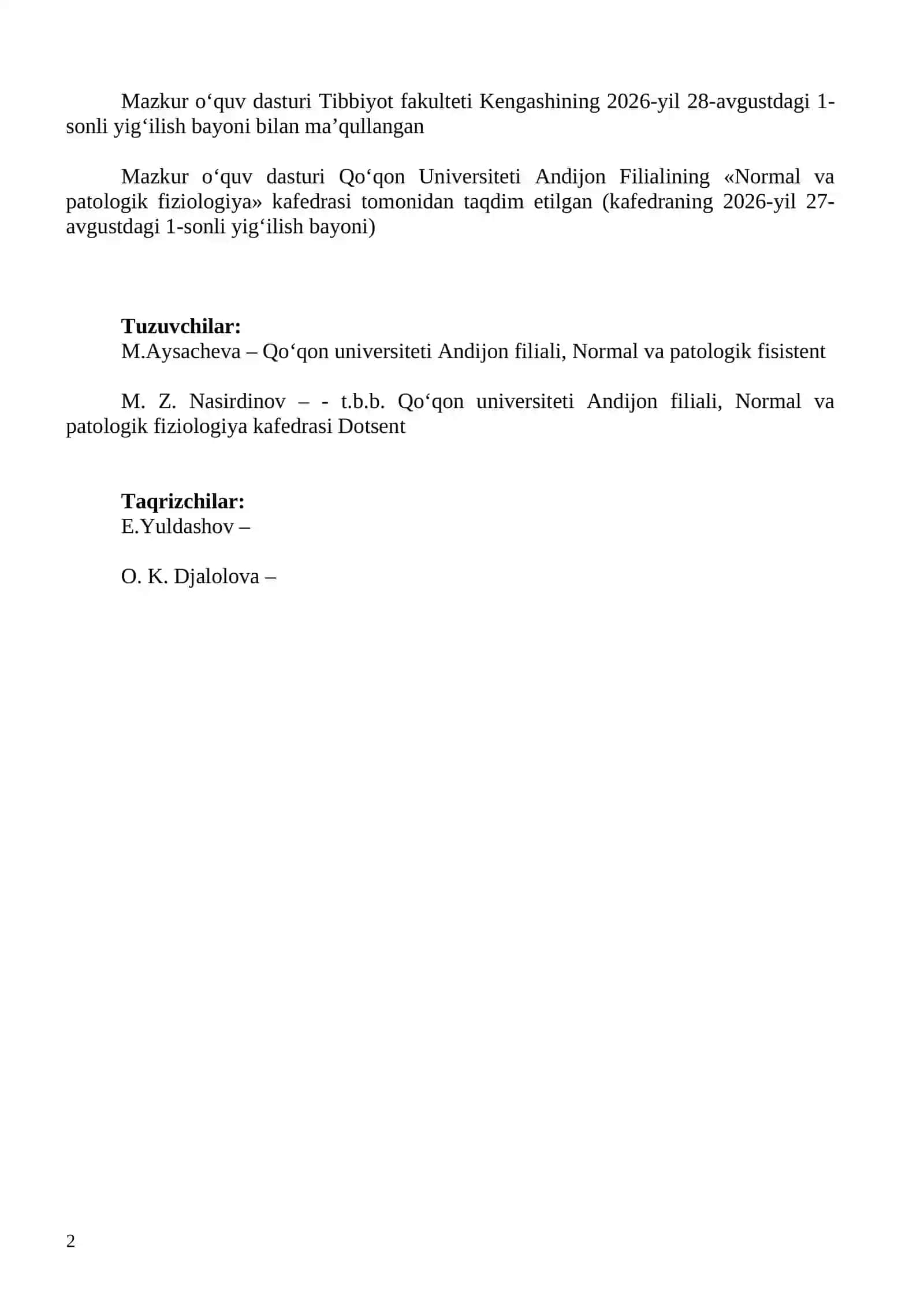 Patologik fiziologiya fanining oʻquv dasturi 2