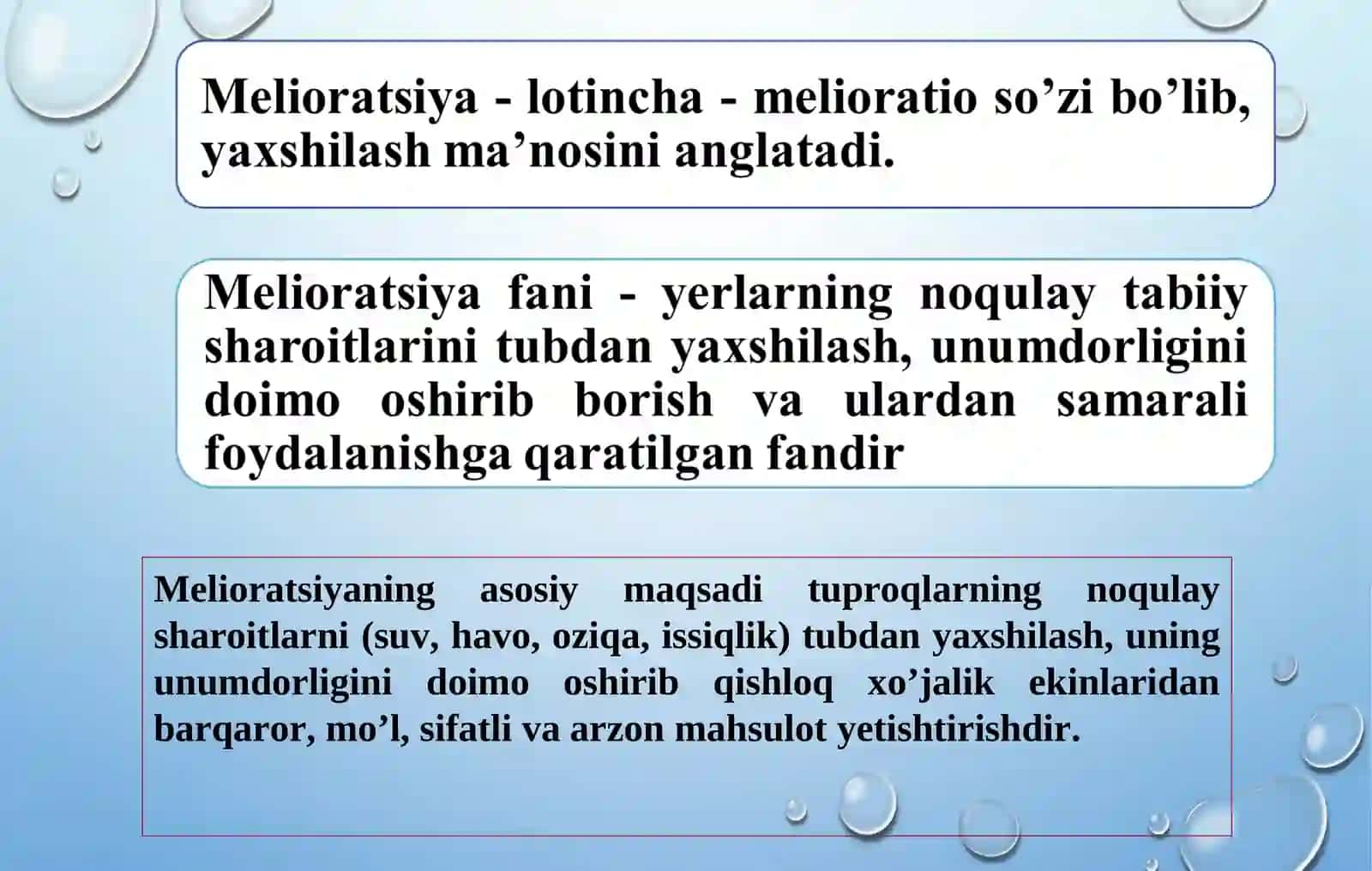 Melioratsiya haqida umumiy tushunchalar. Qishloq xo’jalik melioratsiyasining hozirgi ahvoli va rivojlantirish istiqbollari 2