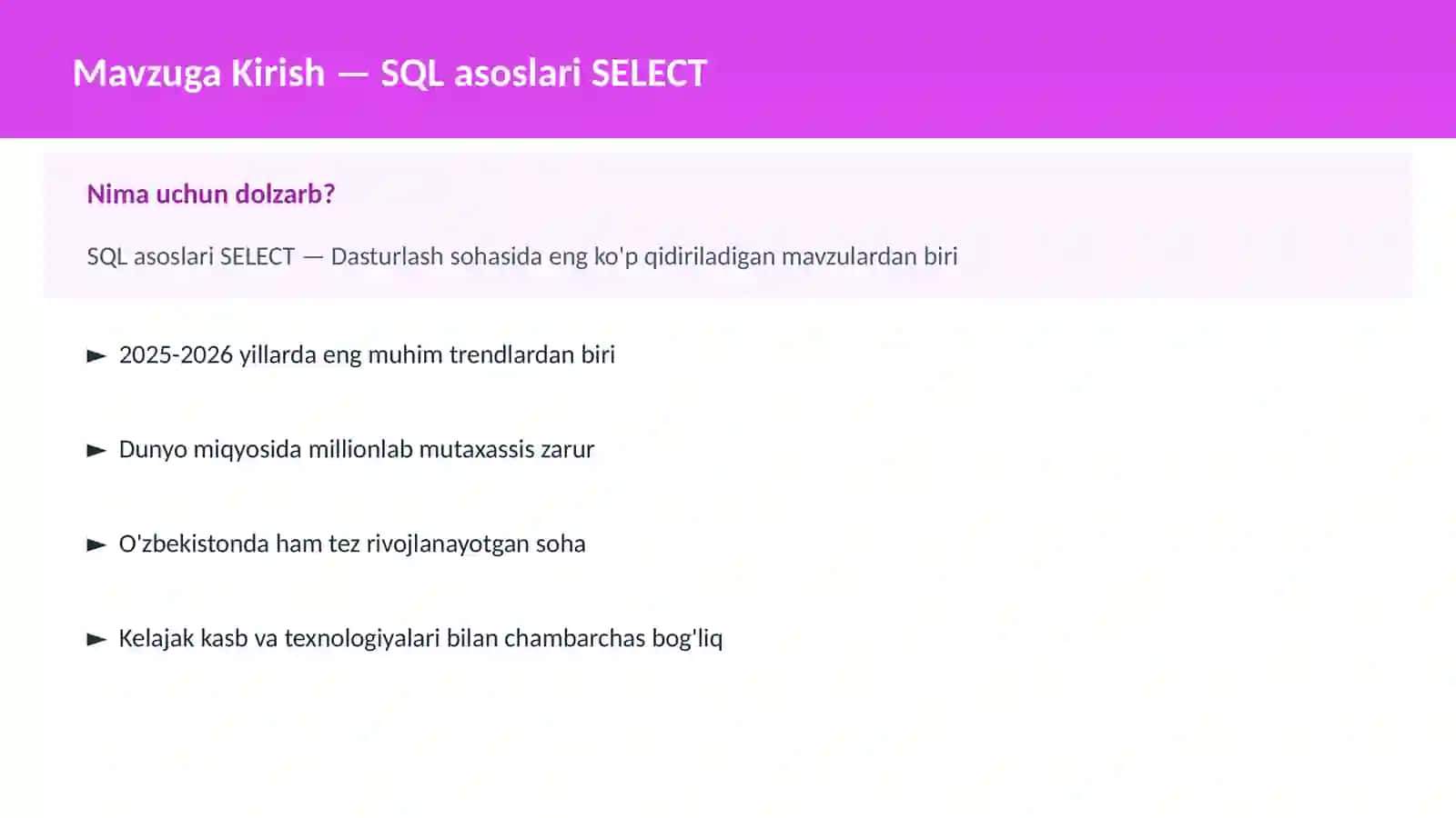 SQL asoslari SELECT 2