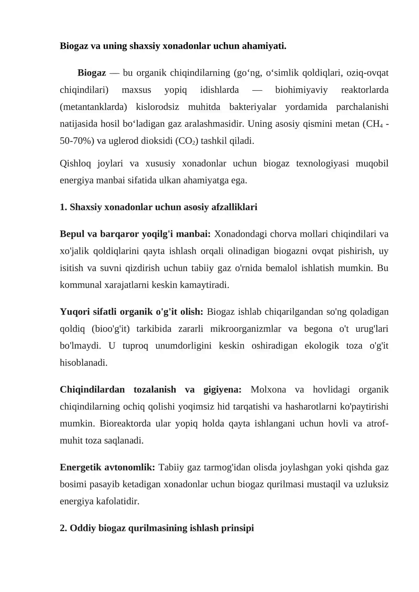 Biogazni shaxsiy uyda energiya manbai sifatida qo'llash 2