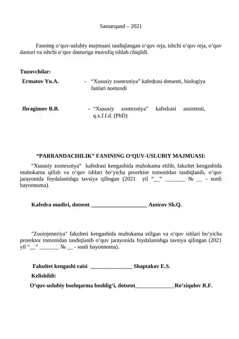 PARRANDACHILIK FANINING O‘QUV-USLUBIY MAJMUASI 2