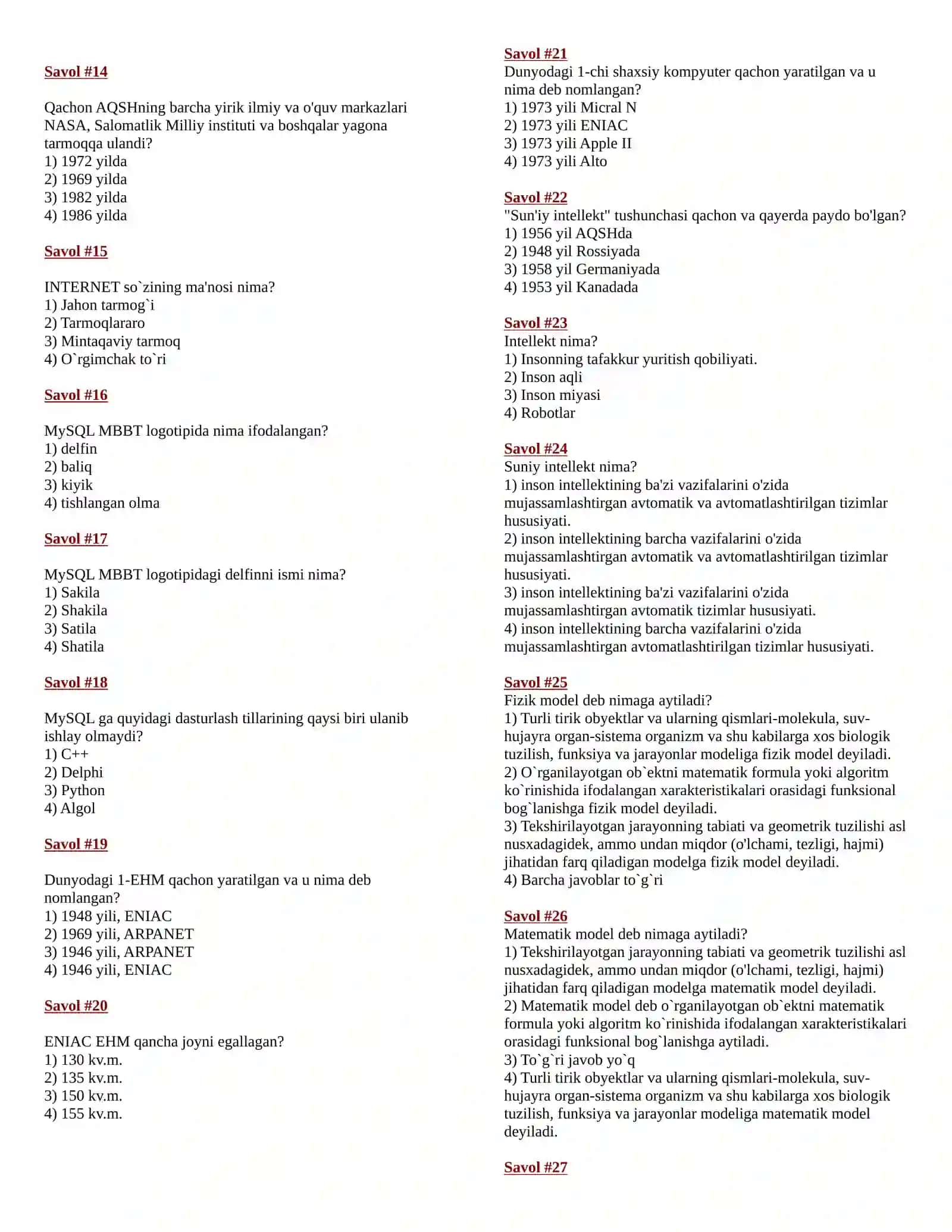 "Texnik tizimlarda axborot texnologiyalari" fanidan test 2