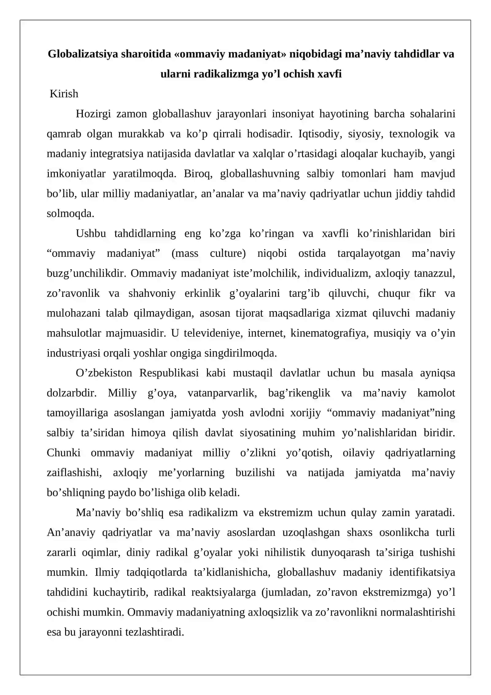 Globalizatsiya sharoitida ommaviy madaniyat niqobidagi ma'naviy tahdidlar va ularni 2