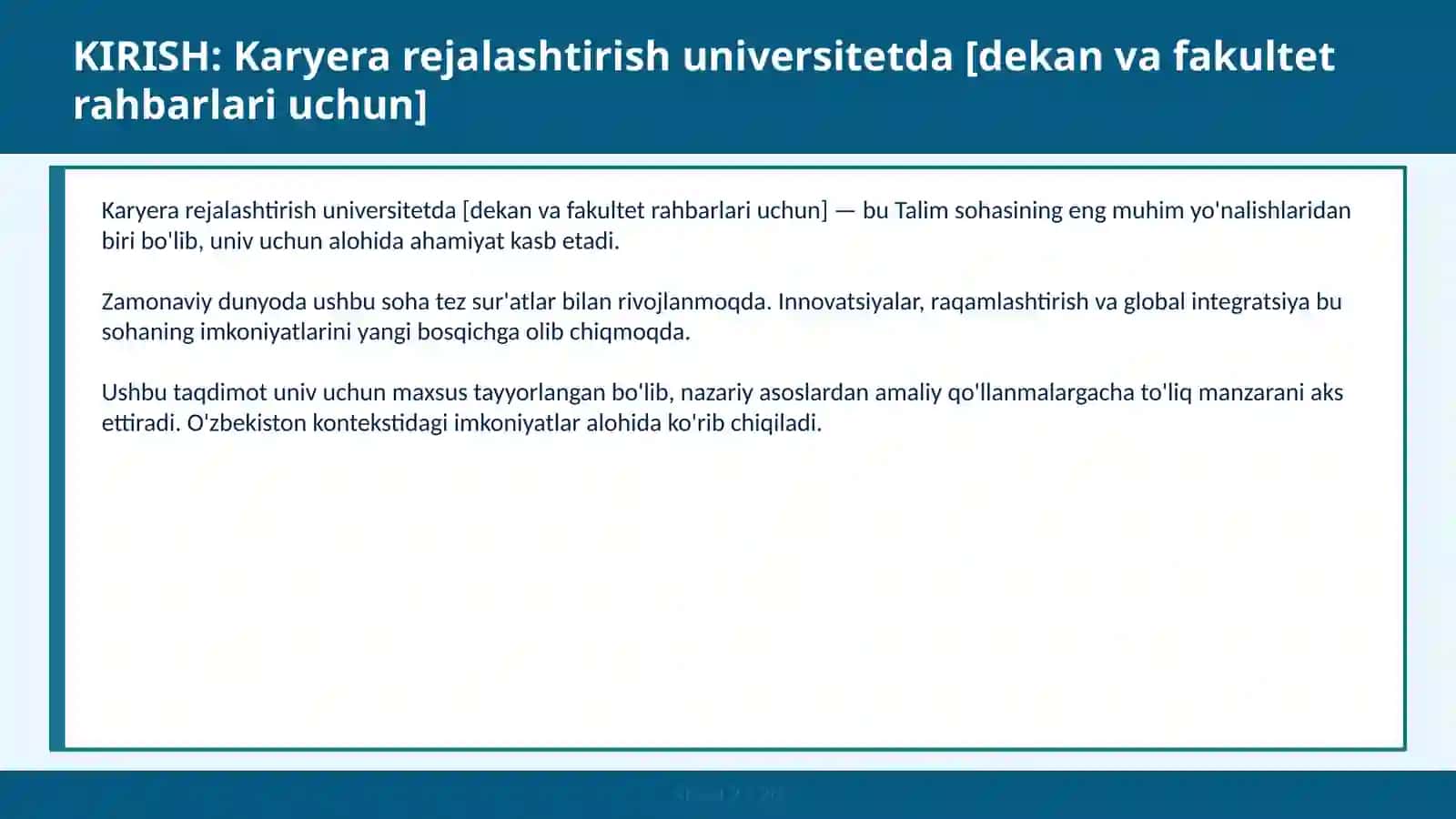 Karyera rejalashtirish universitetda [dekan va fakultet rahbarlari uchun] 2