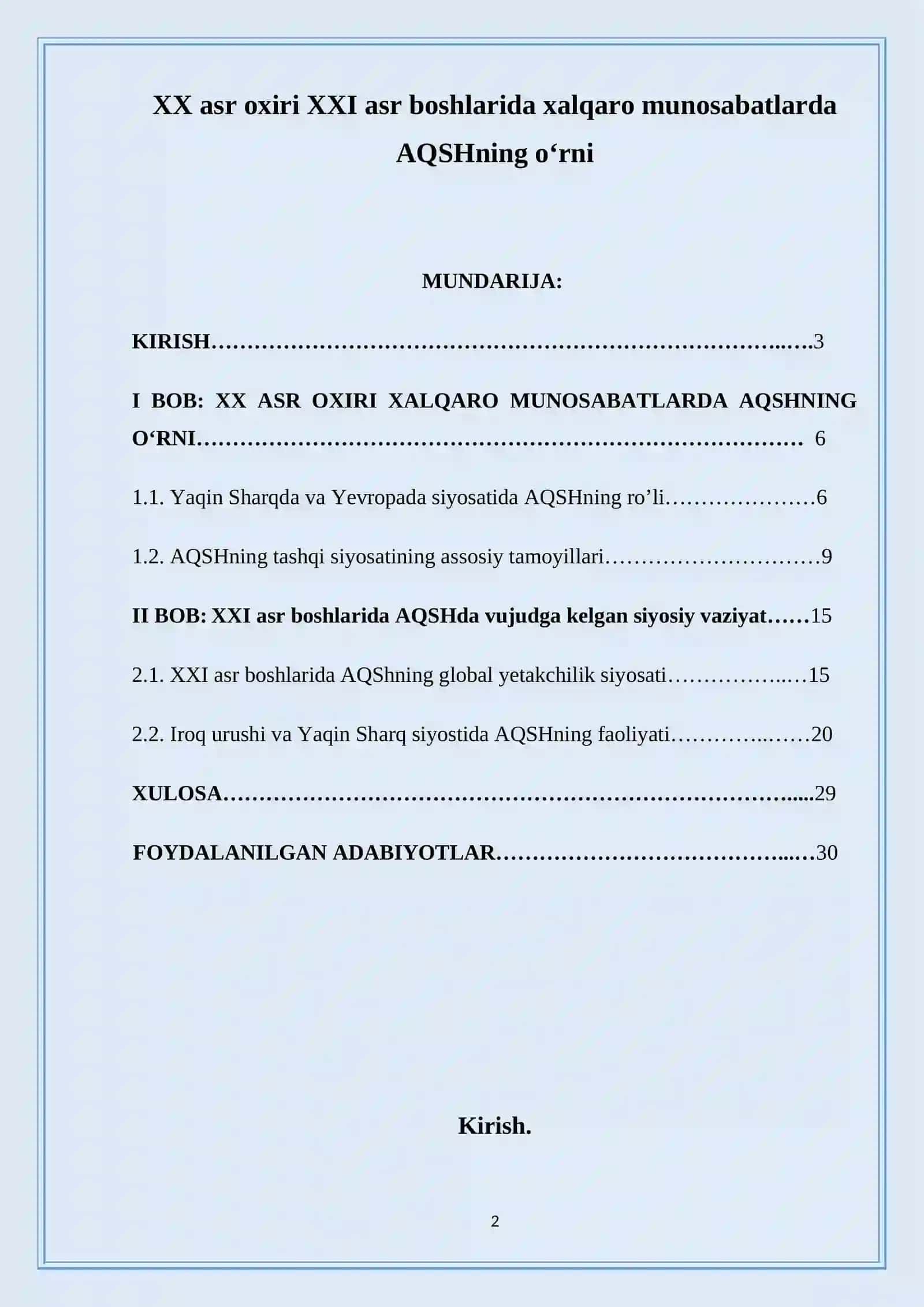 XX asr oxiri XXI asr boshlarida xalqaro munosabatlarda AQSHning oʻrni 2