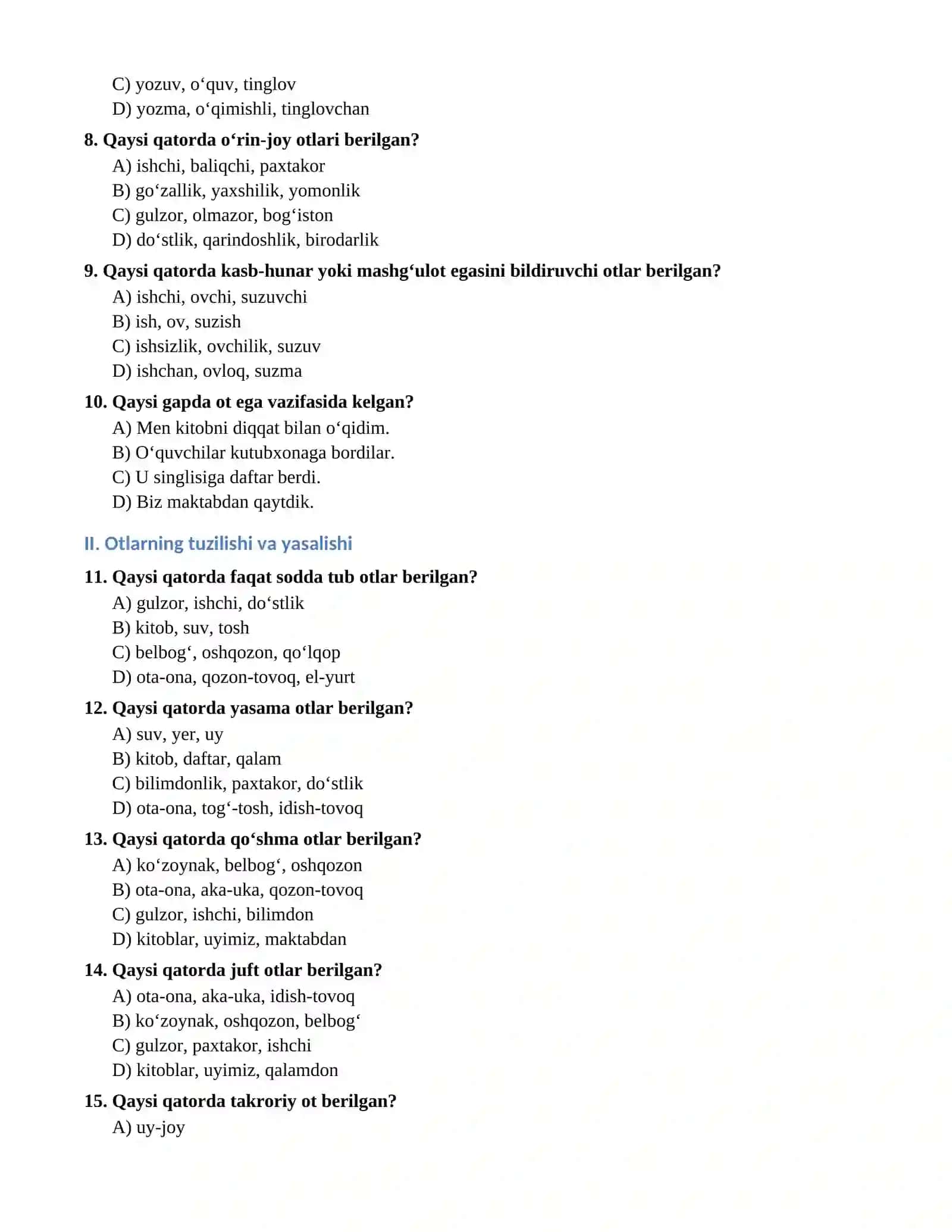 Ot soʻz turkumi testlar umumiy 2