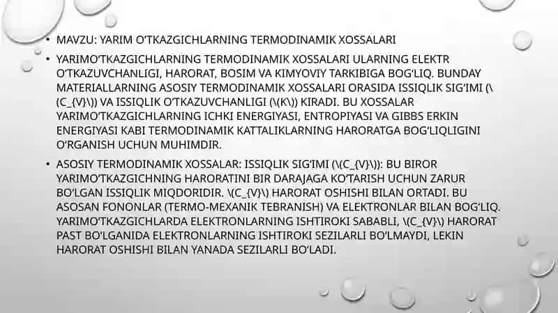 Yarim o’tkazgichlarning termodinamik xossalari 2