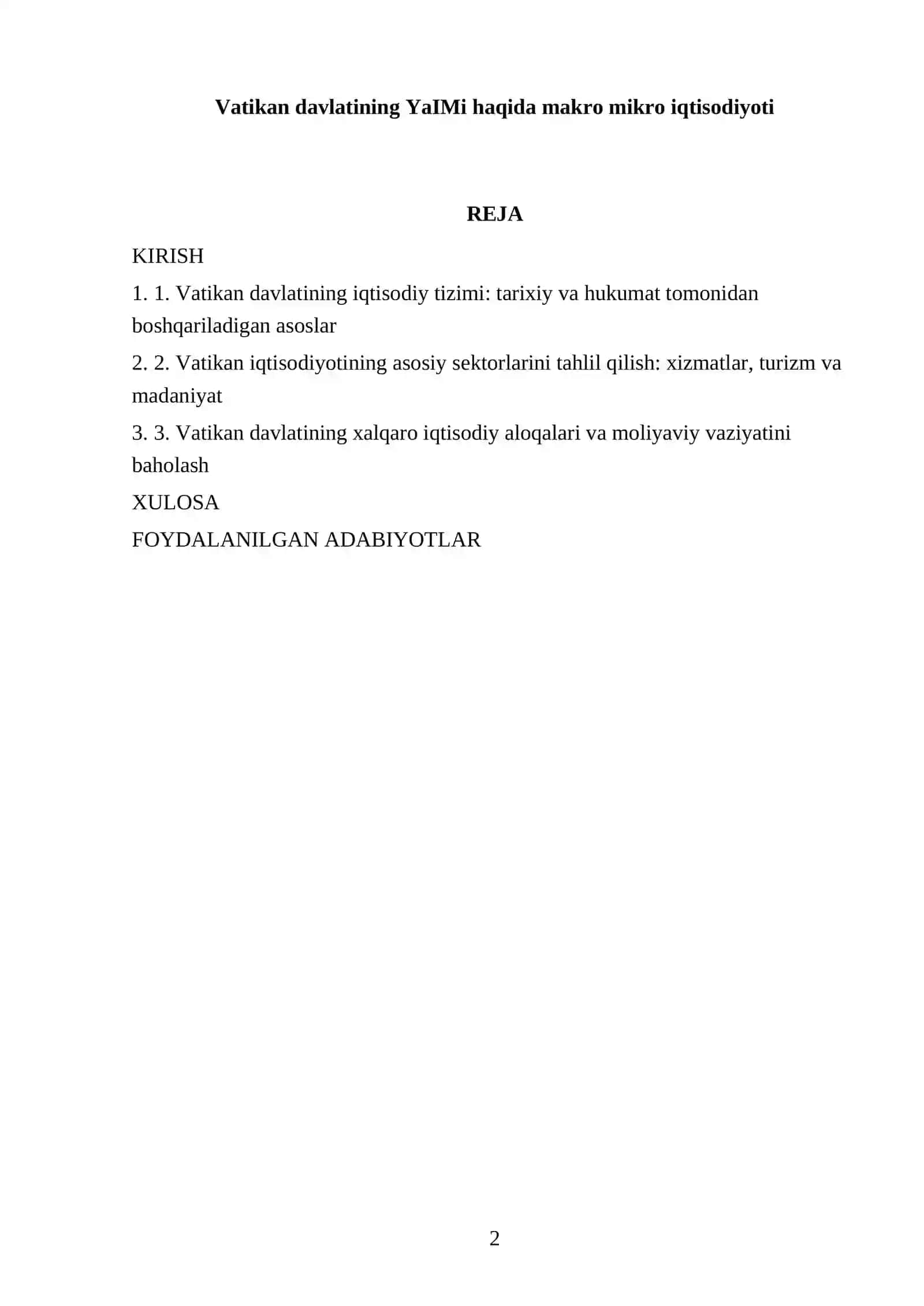 Vatikan davlatining YaIMi haqida makro mikro iqtisodiyoti 2
