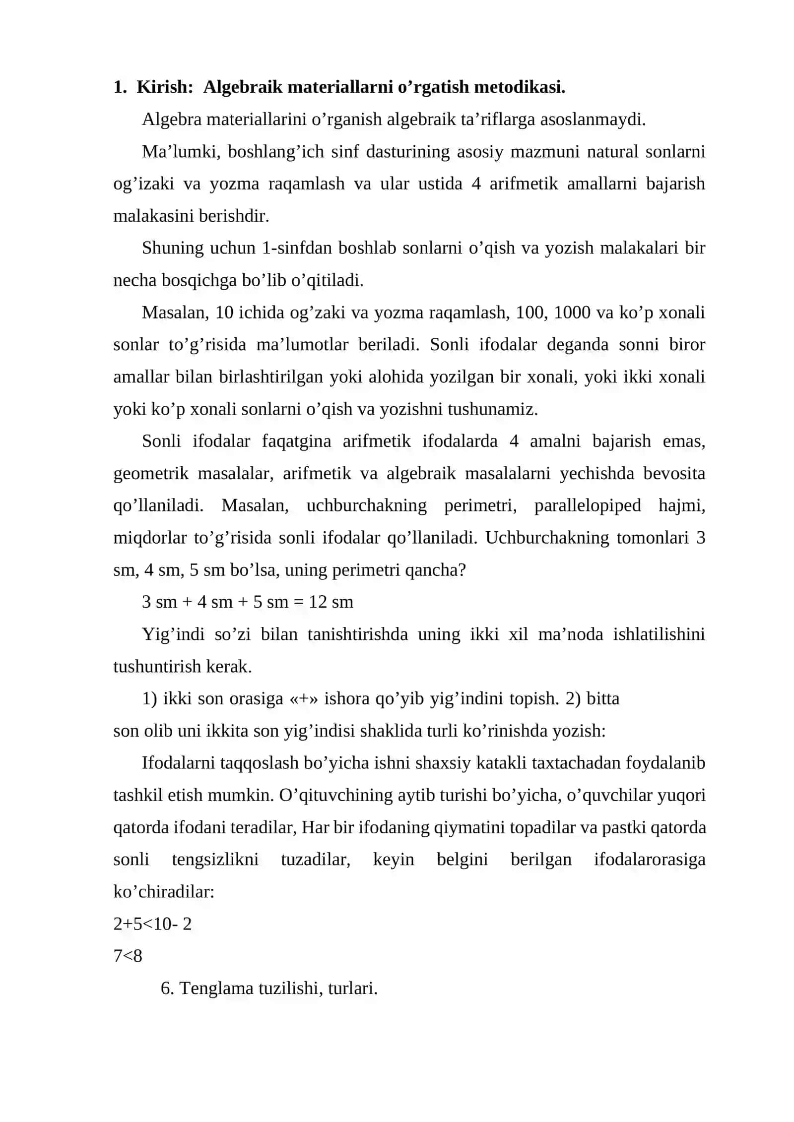 O'quvchilarni algebraik materiallar bilan tanishtirish 2