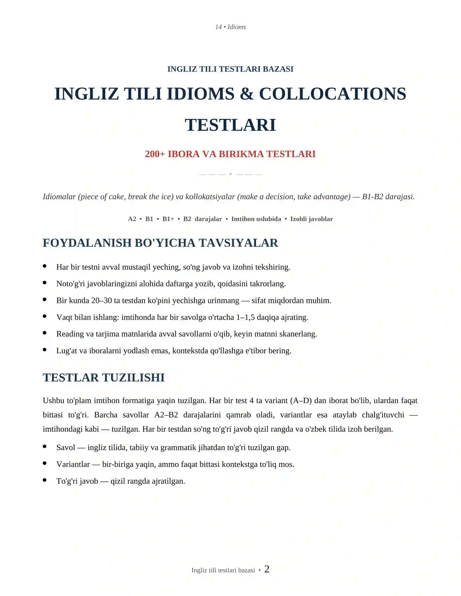 INGLIZ TILI IDIOMS & COLLOCATIONS TESTLARI 2