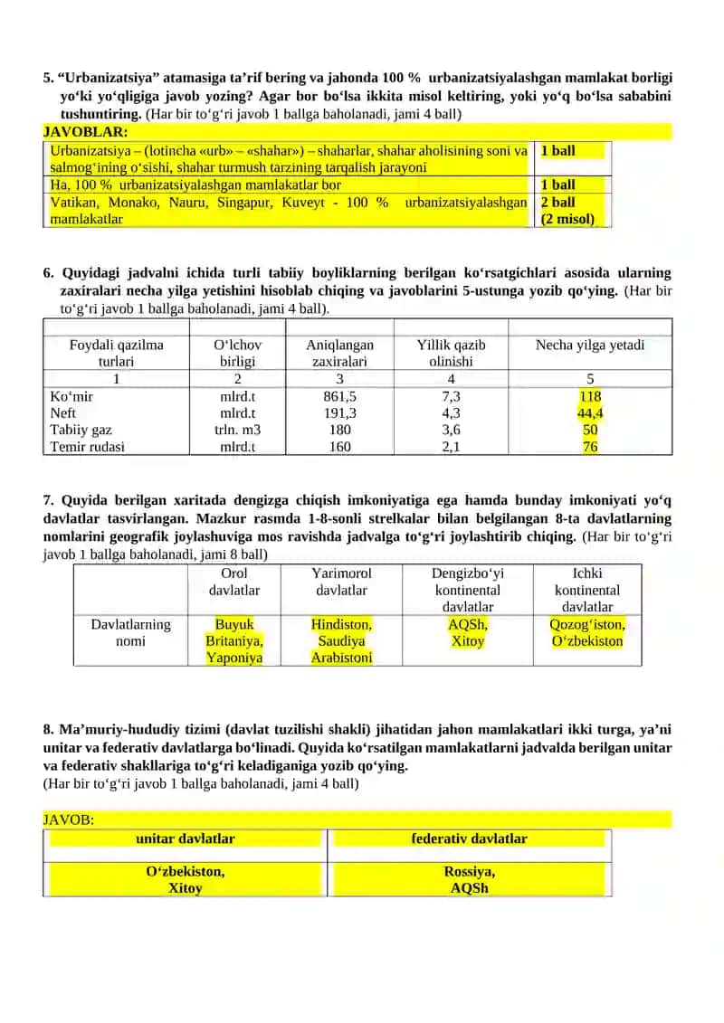 9-sinf Geografiya 1-Bo‘lim summativ baholash nazorat ishi 2