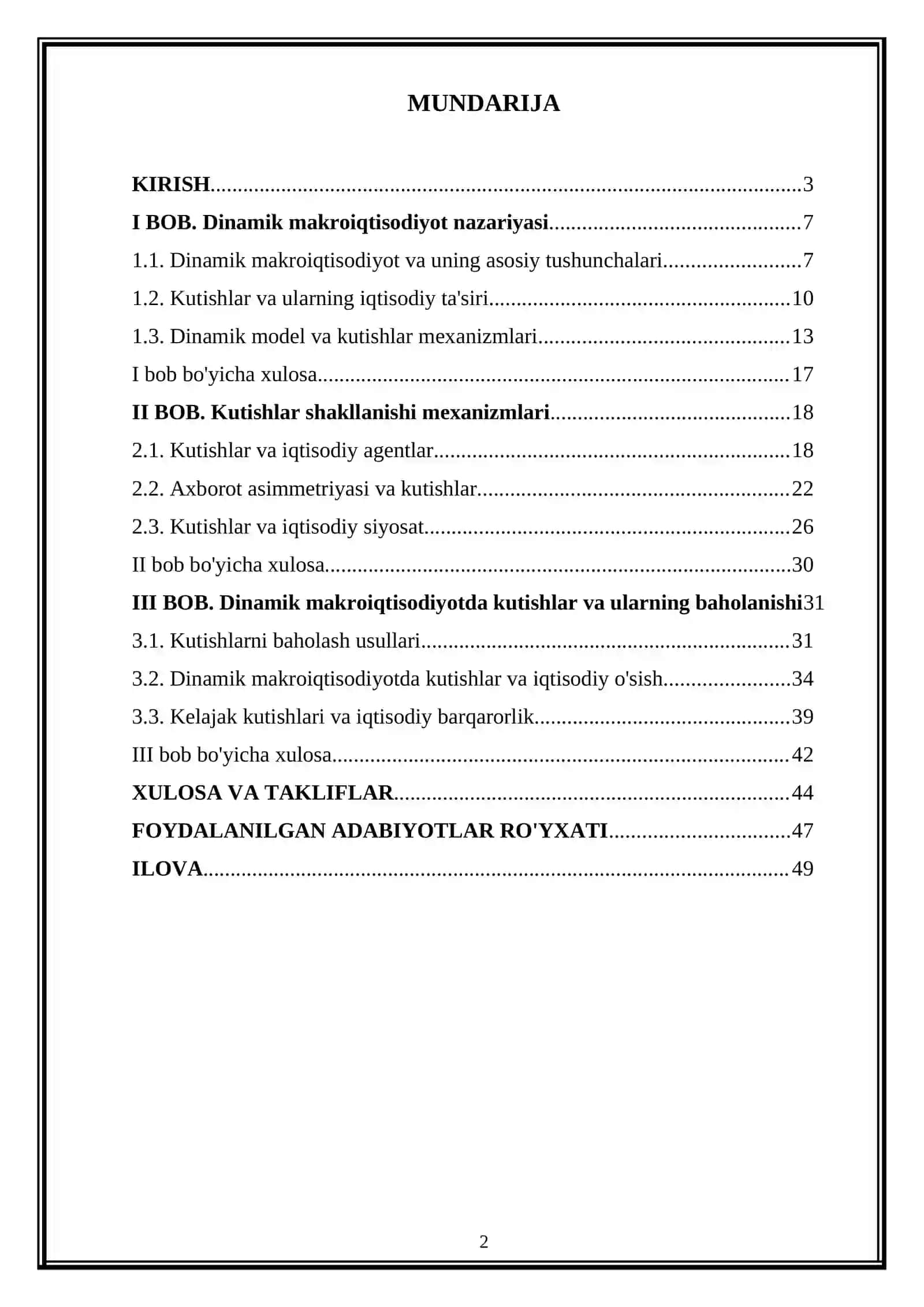"Dinamik makroiqtisodiyotda kutishlar shakllanishi mexanizmlari" kurs ishi 2
