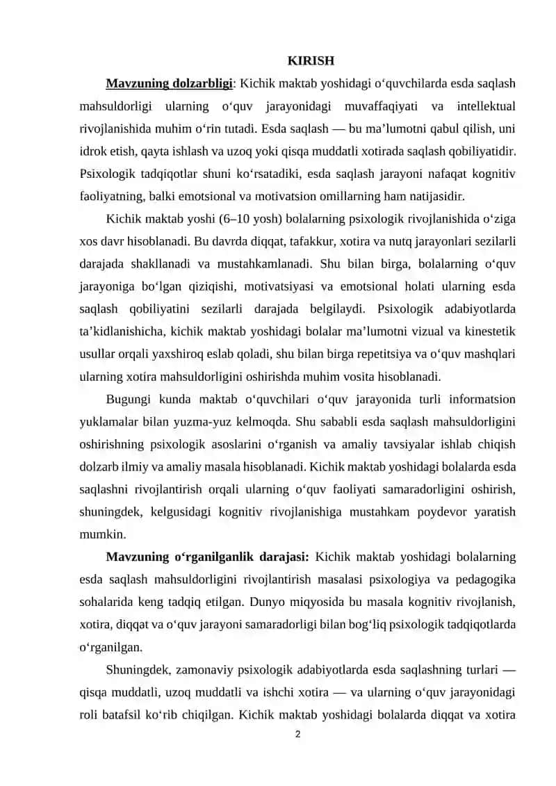 Kichik maktab yoshidagi o‘quvchilarda esda saqlash mahsuldorligi 2