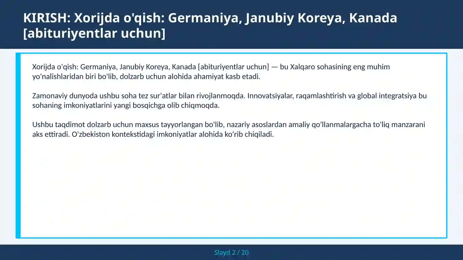 XORIJDA O'QISH: GERMANIYA, JANUBIY KOREYA, KANADA [ABITURIYENTLAR UCHUN] 2