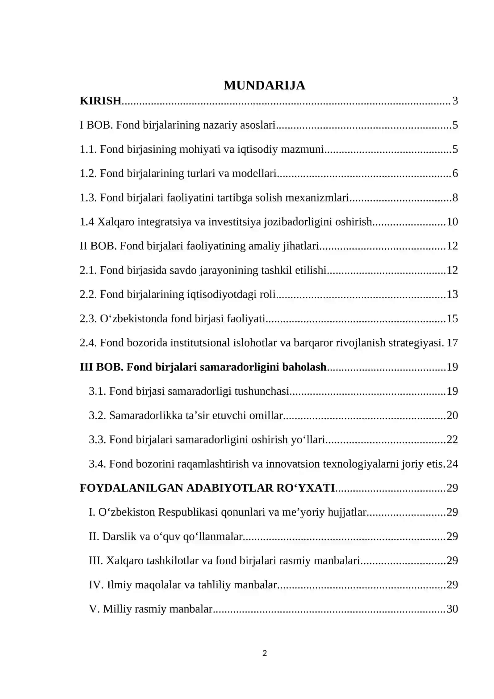 FOND BIRJALARI FAOLIYATI VA ULARNING SAMARADORLIGI KURS ISHI 2