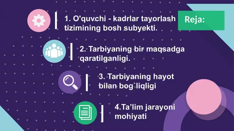 Oʻquvchi shaxsi tarbiyaning obyektiv va subyektiv sifatida.Taʼlim jarayonining qonuniyatlari va tamo 2