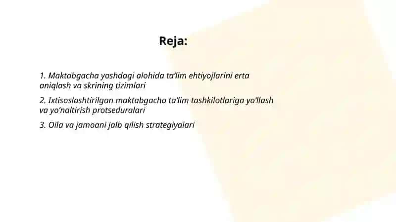 Maktabgacha yoshdagi alohida taʼlim ehtiyojlari boʻlgan bolalarni ixtisoslashtirilgan maktabgacha taʼlim tashkilotlariga jalb qilish 2