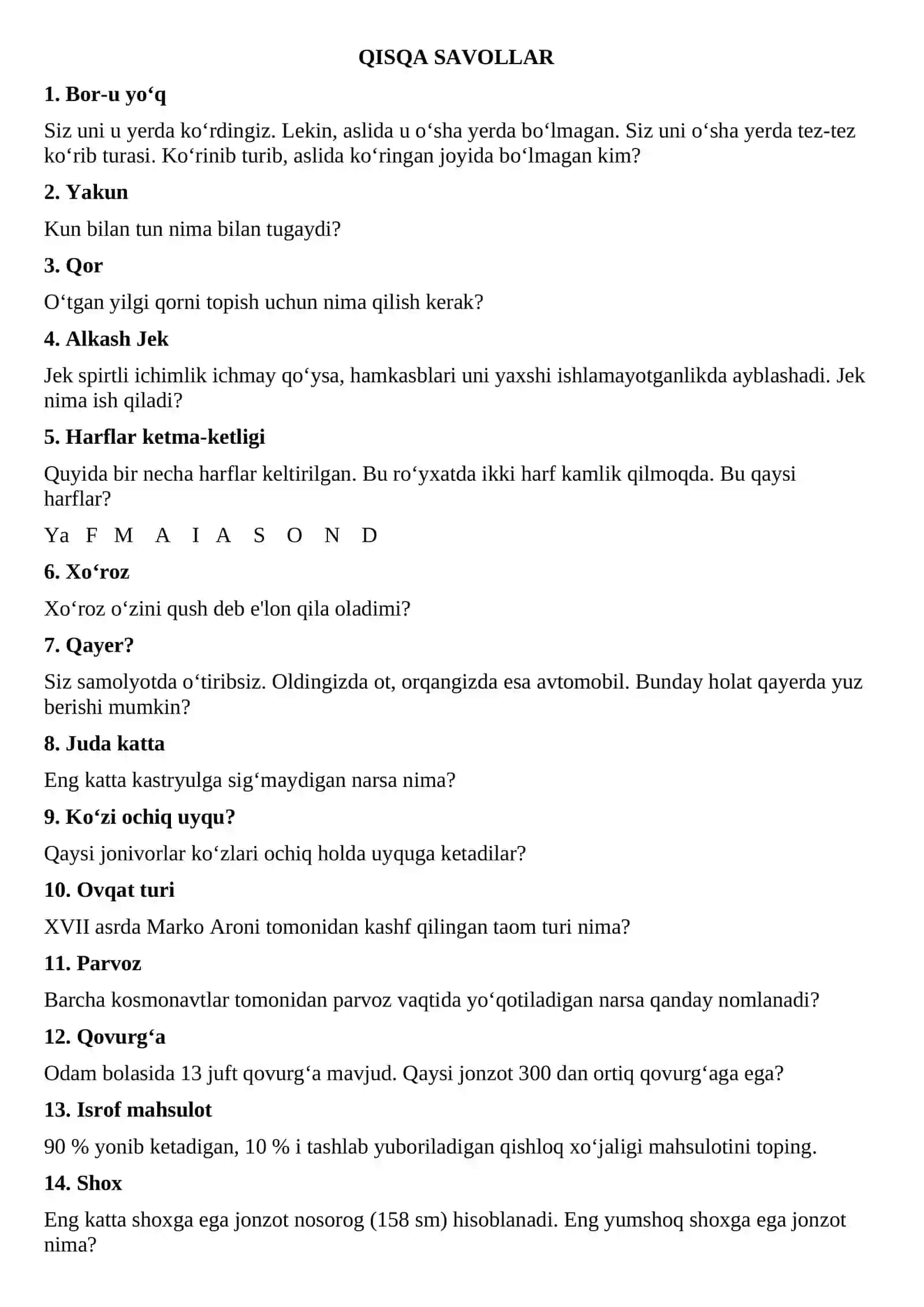 QISQA SAVOLLAR 2