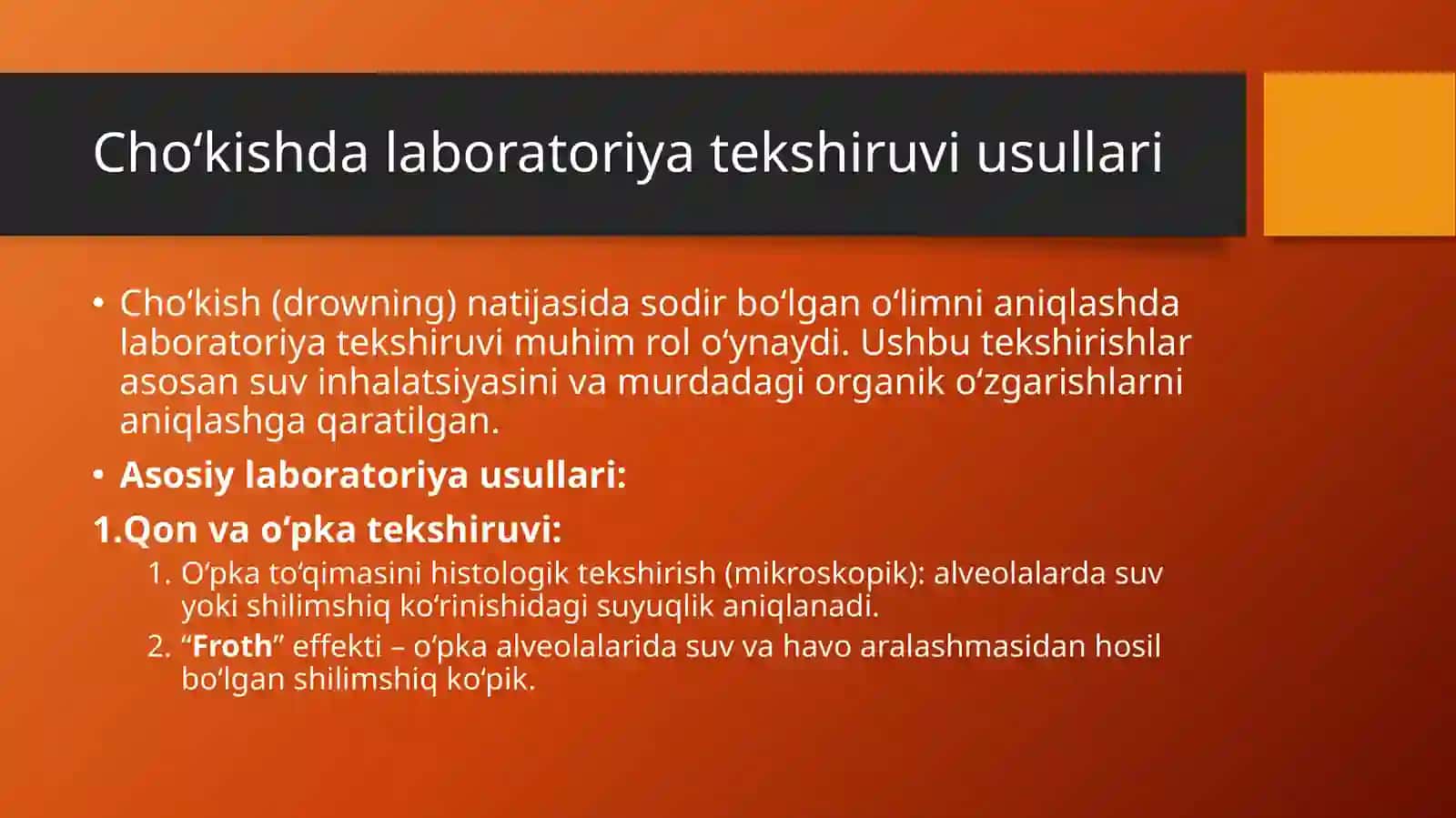 Cho‘kishda laboratoriya tekshiruvi usullari. Suvdan chiqarib olingan murdadagi jarohatlarning differensial diagnostikasi.  Pozitsion siqilish sindromining sud-tibbiy diagnostikasi. 2