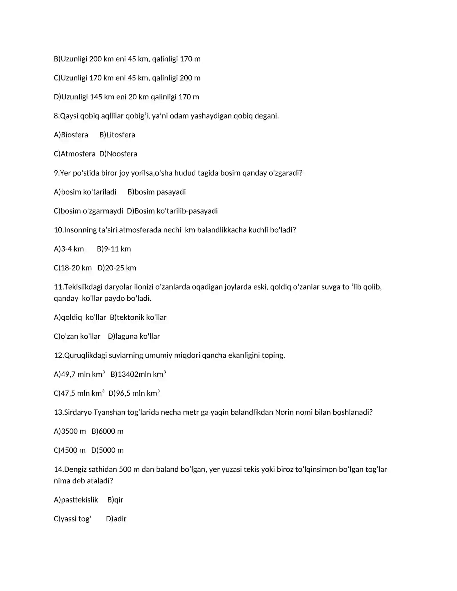 5-sinf geografiya yakuniy testi 2