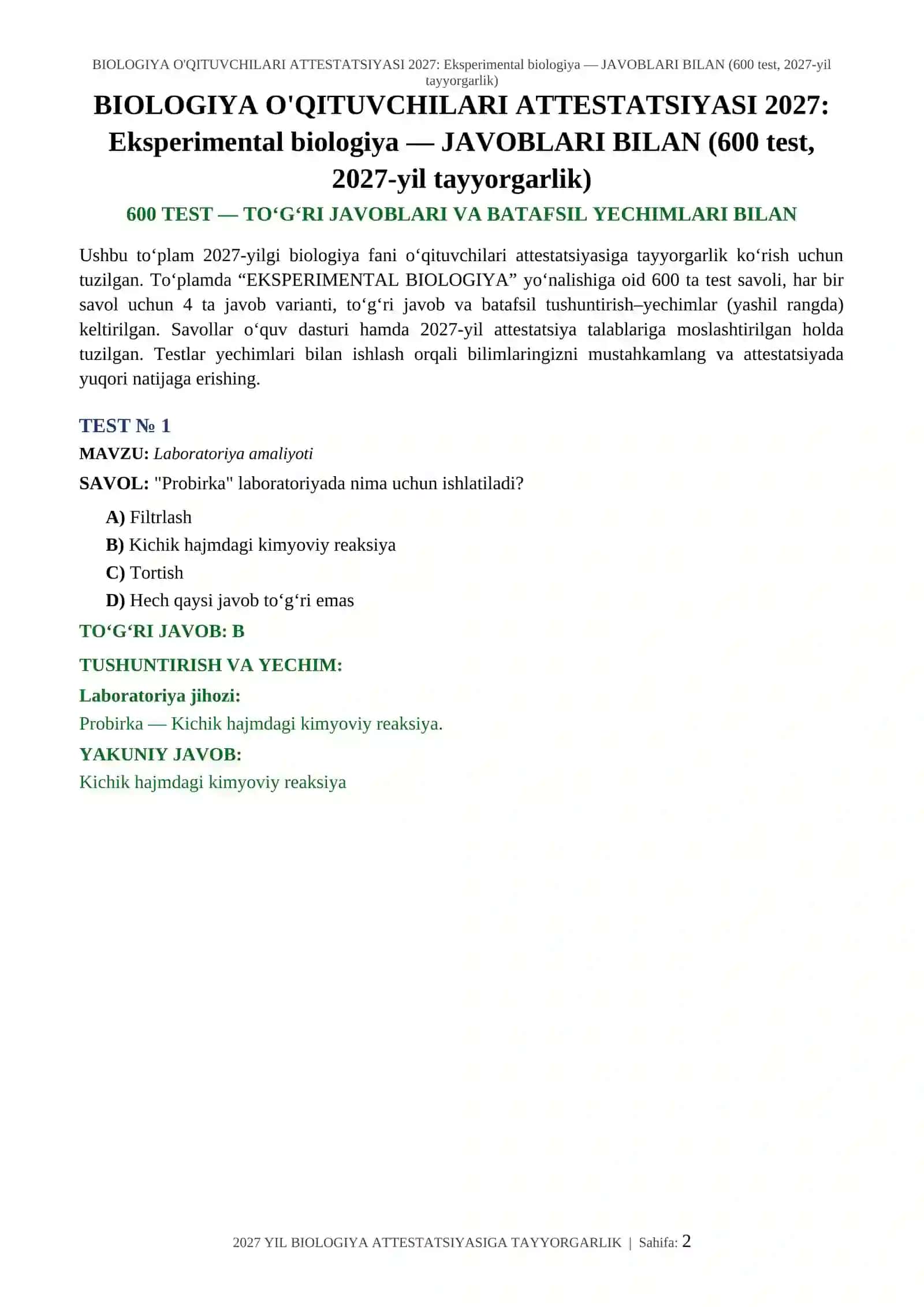 BIOLOGIYA O'QITUVCHILARI ATTESTATSIYASI 2027: Eksperimental biologiya — JAVOBLARI BILAN (600 test, 2027-yil tayyorgarlik) 2