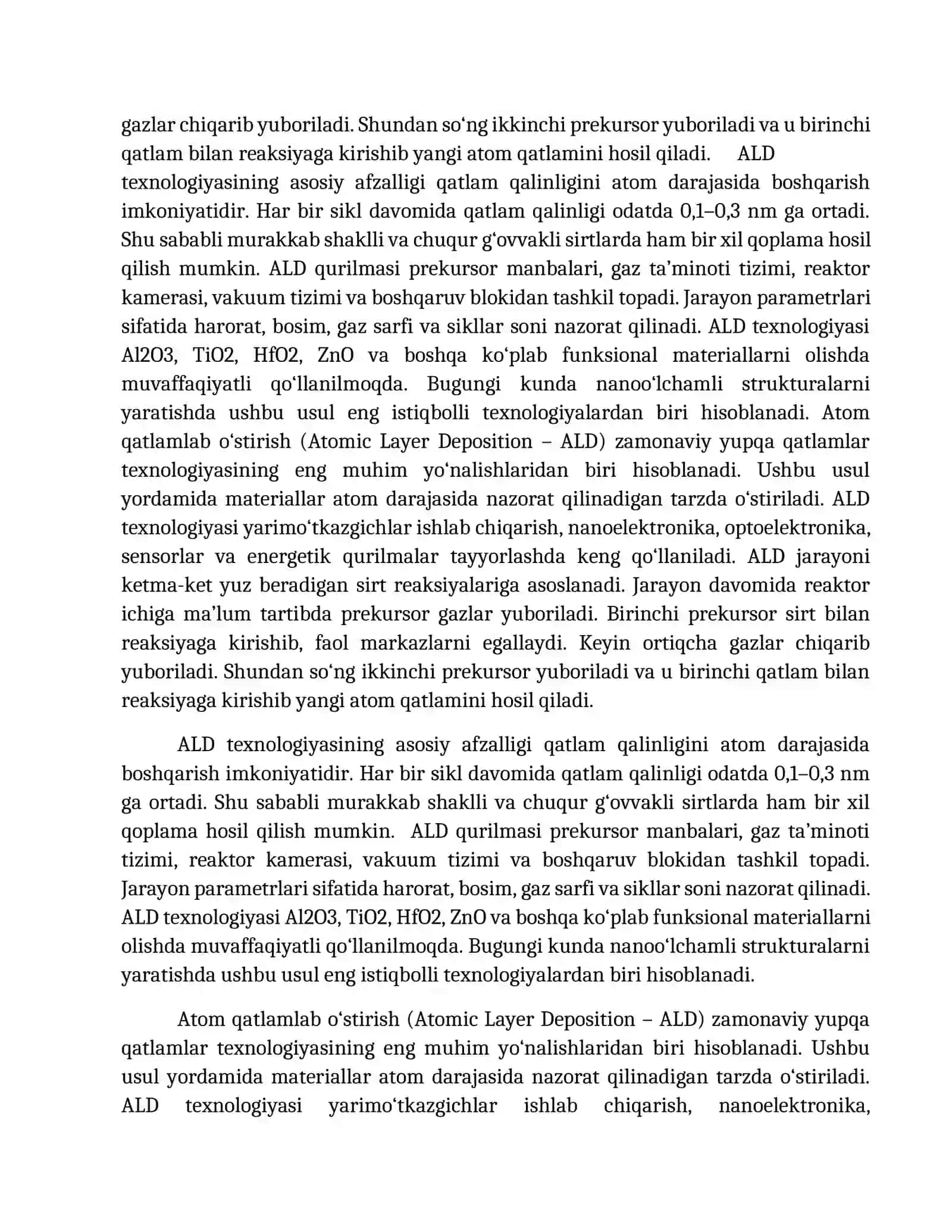 Atom qatlamlab o‘stirish (ALD) texnologiyasi, nanomateriallar olish usullari va titanning mikro-g‘ovvakli kremniyda hosil qilinishi 2
