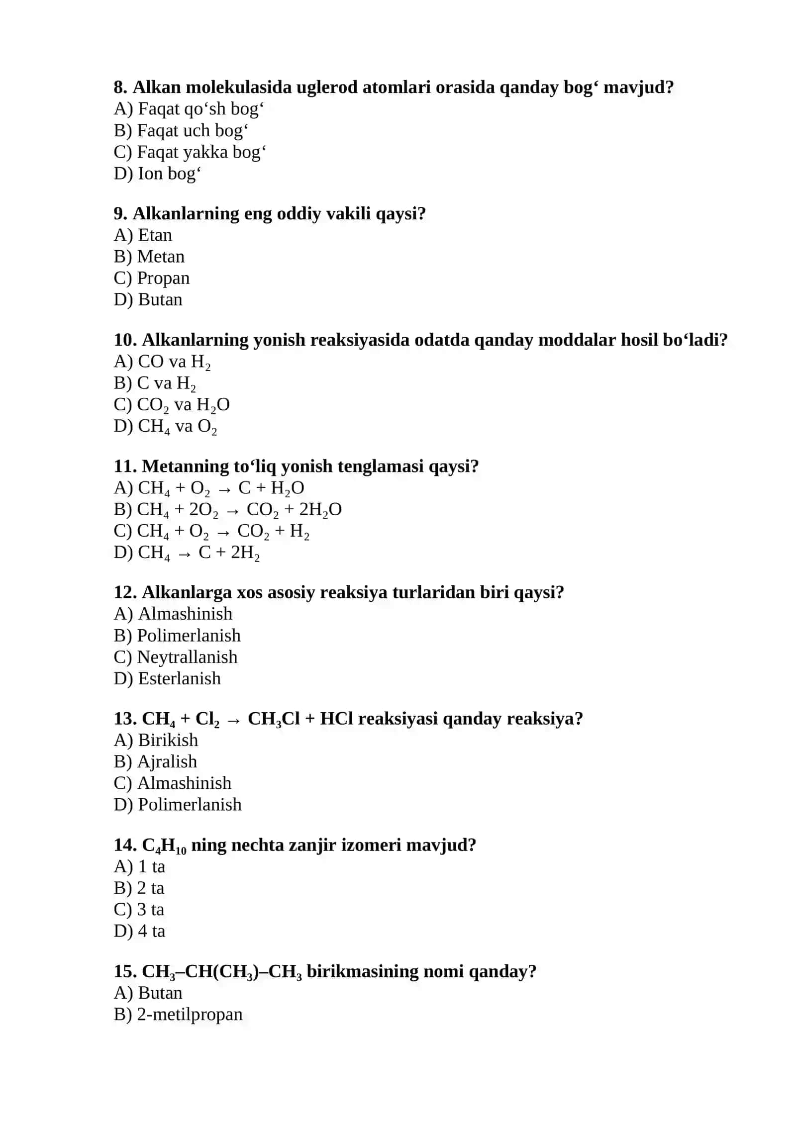 Alkanlar — 15 Ta test 2