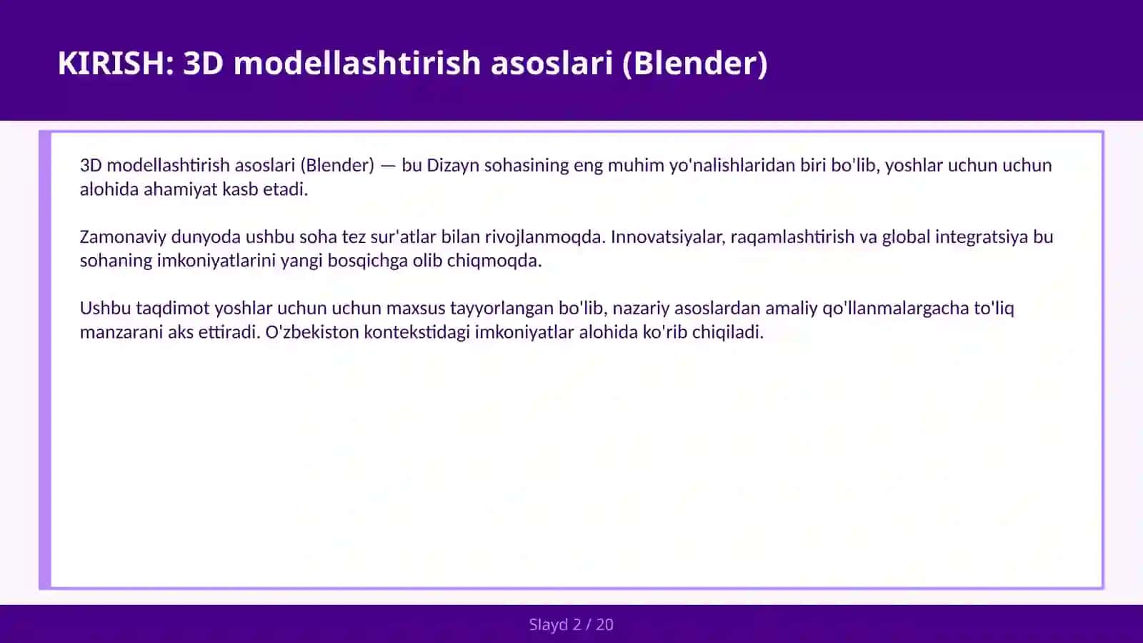 3D MODELLASHTIRISH ASOSLARI (BLENDER) 2
