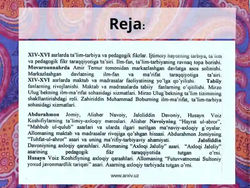 XIV-XVI asrda Movarounnahrda ta'lim, tarbiya VA pedagogik fikrlar 2