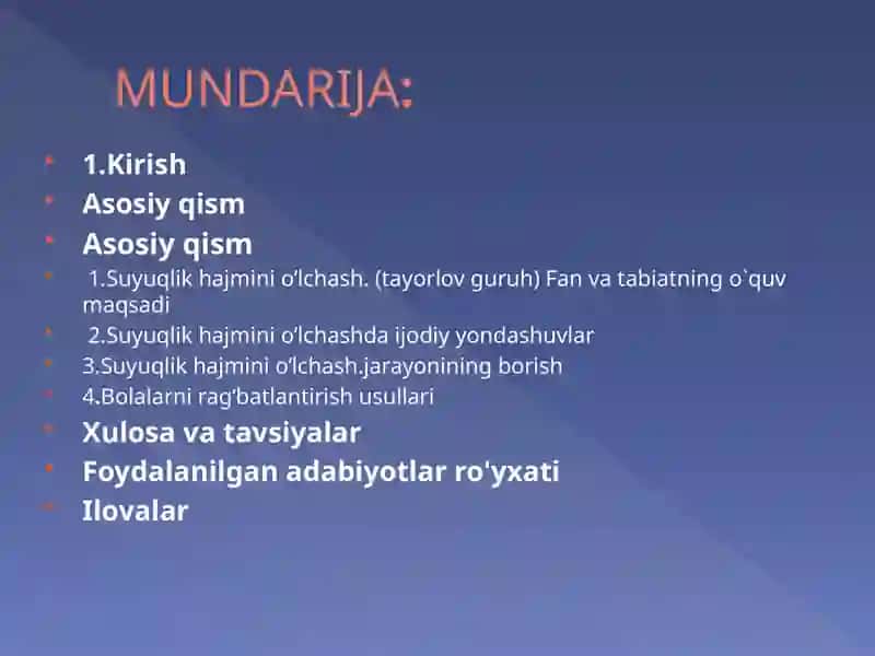 Suyuqlik hajmini o’lchash. (tayorlov guruh) Fan va tabiatning o`quv maqsadi 2