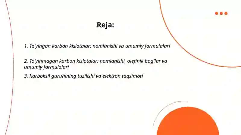 To'yingan va to'yinmagan karbon kislotalari, nomlanishi, tuzilishi, kimyoviy va biologik xossalari, qo'llanilishi 2