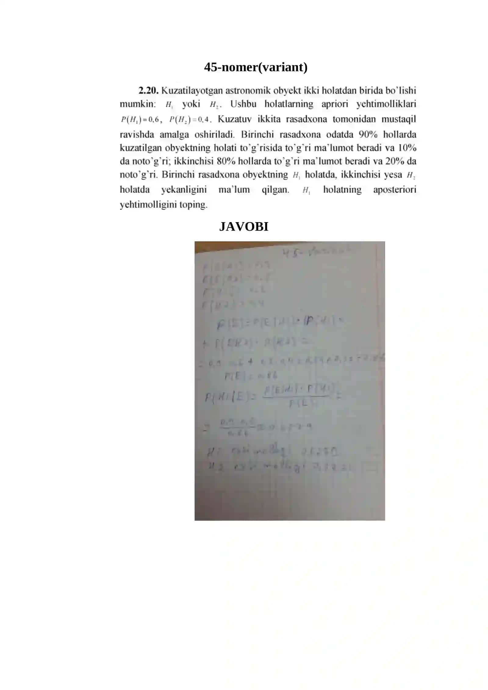 Ehtimollik va statistika MUSTAQIL ISH 2