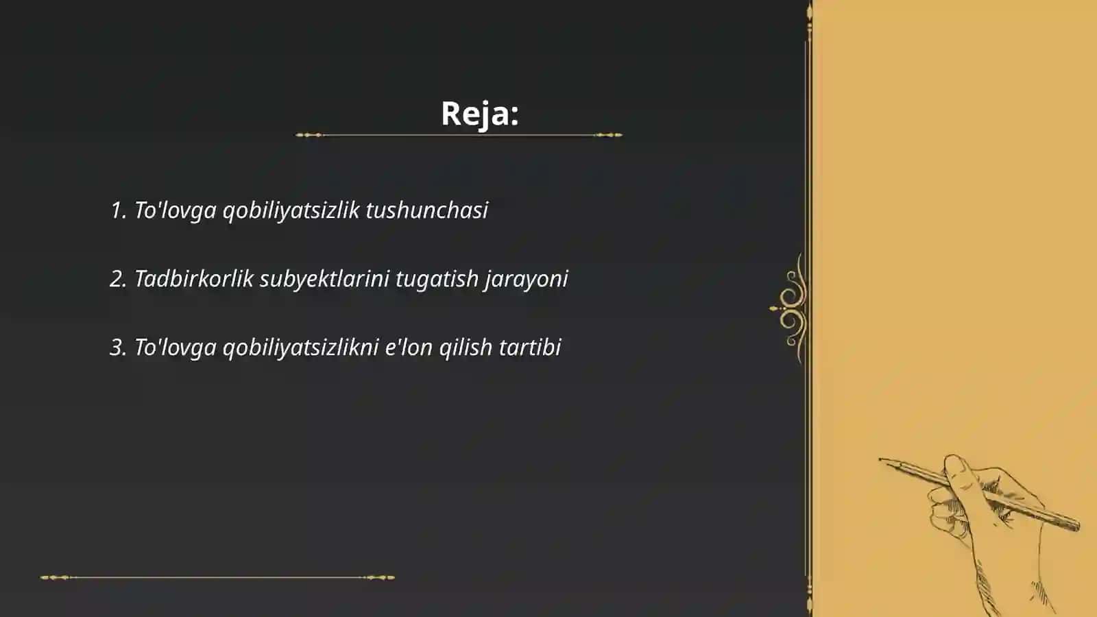 Tadbirkorlik subyektlarini tugatish. To'lovga qobiliyatsizlikni huquqiy tartibga solish 2