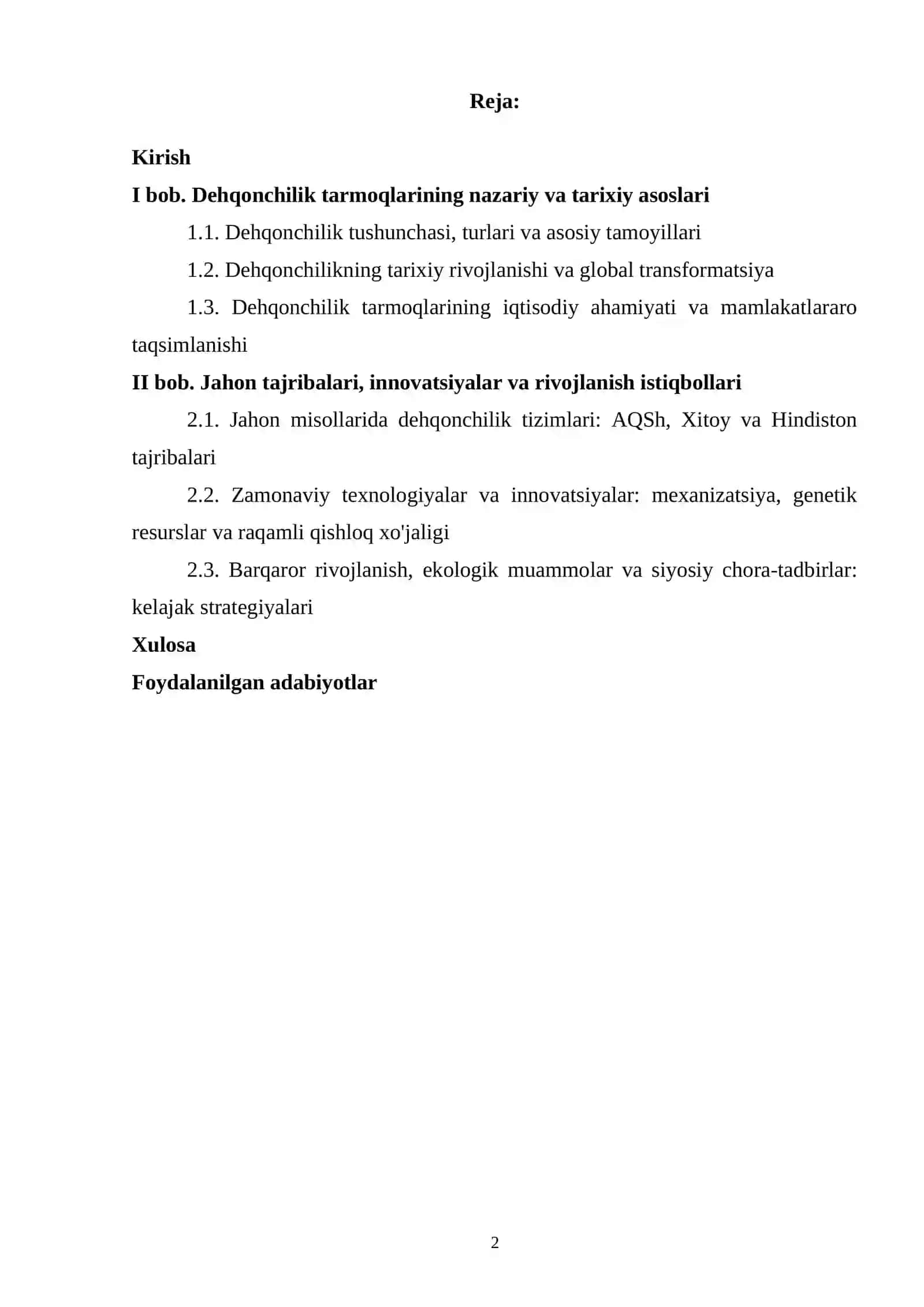 “JAHON DAVLATLARIDA DEHQONCHILIK TARMOQLARINING RIVOJLANISHI” MAVZUSIDAGI KURS ISHI 2