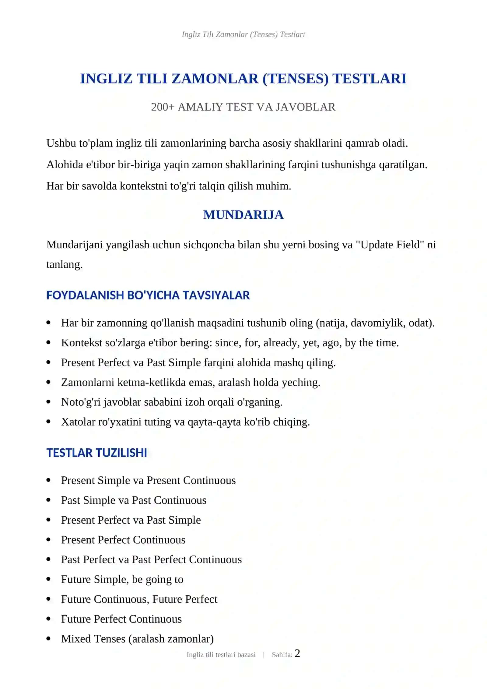 INGLIZ TILI ZAMONLAR (TENSES) TESTLARI 2