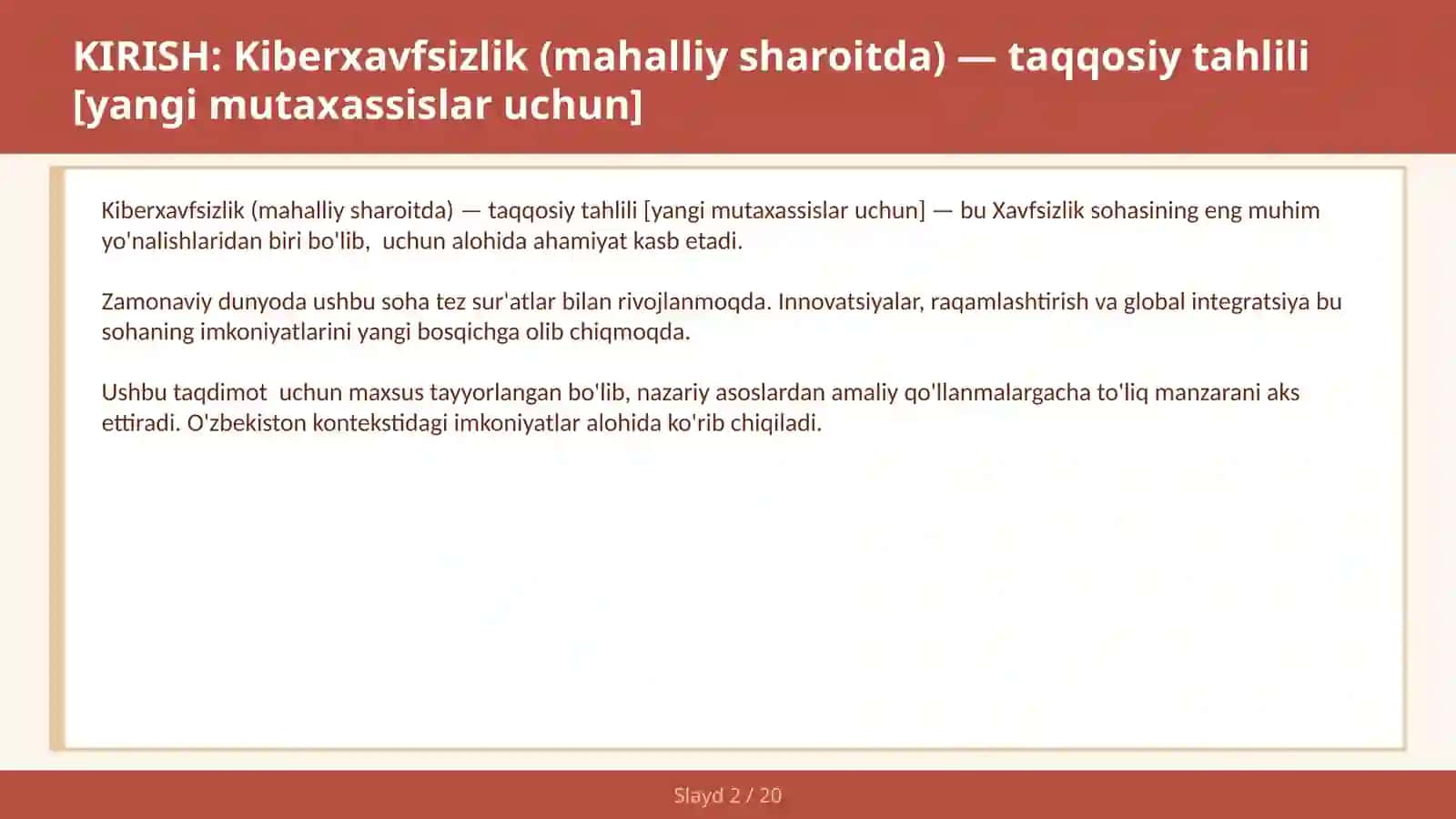 KIBERXAVFSIZLIK (MAHALLIY SHAROITDA) — TAQQOSIY TAHLILI [YANGI MUTAXASSISLAR UCHUN] 2