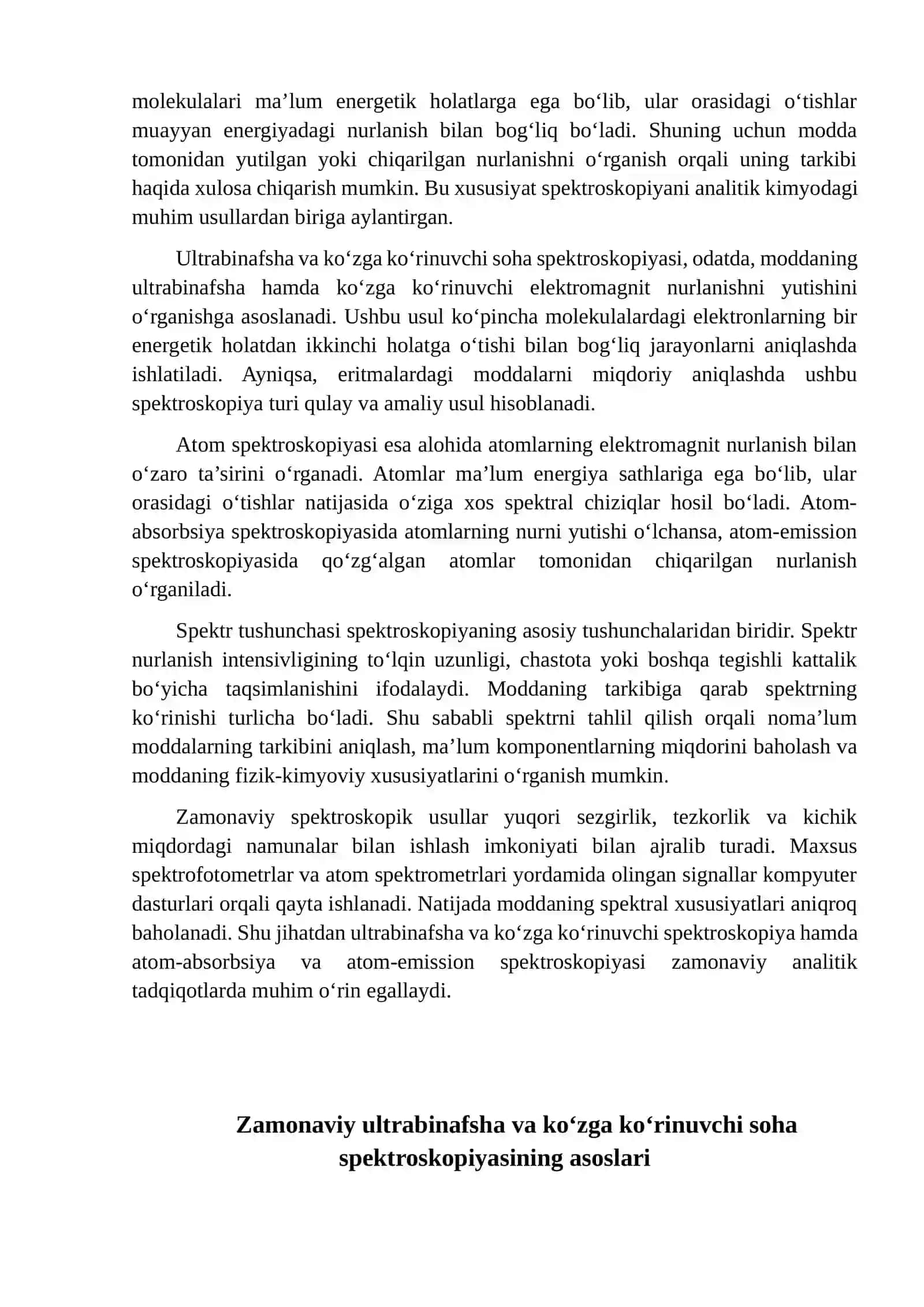 Zamonaviy ultrabinafsha va ko‘zga ko‘rinuvchi soha spektroskopiyasi asoslari 2
