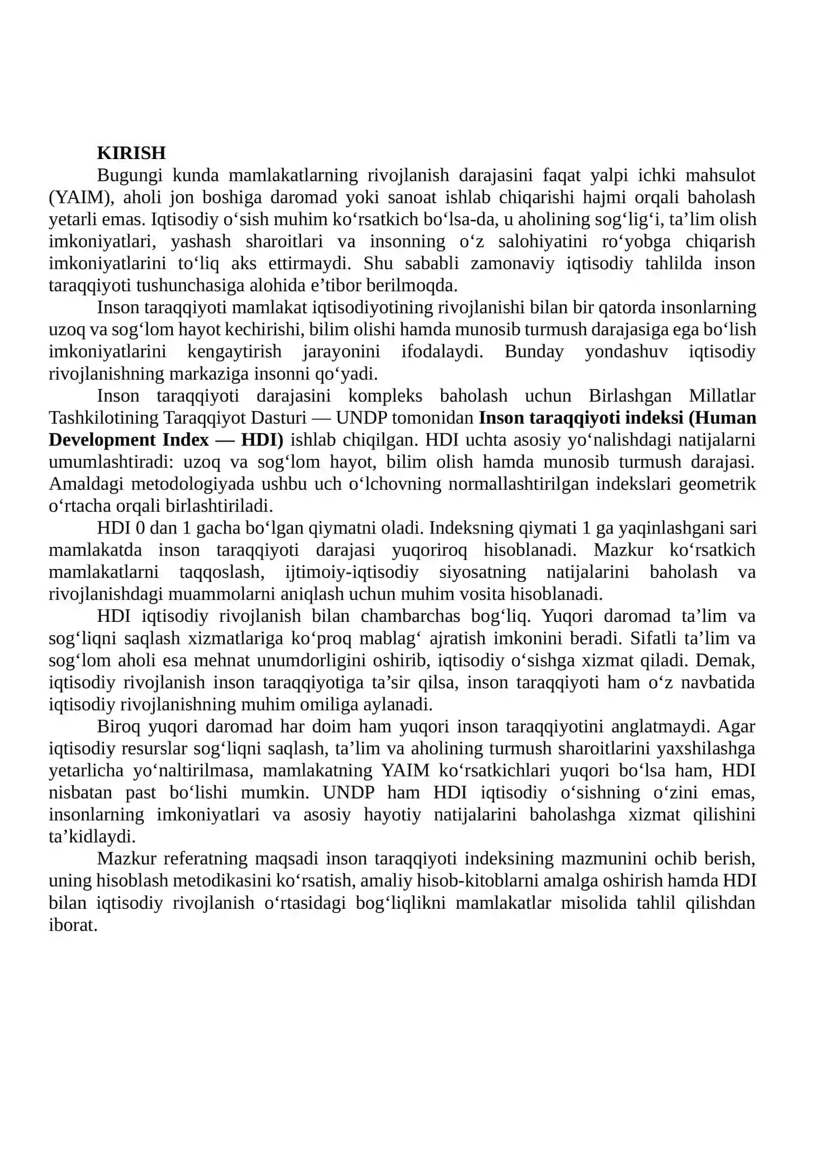 Inson taraqqiyoti indeksini (HDI) hisoblash va iqtisodiy rivojlanish bilan bog‘liqligini tahlil qilish 2