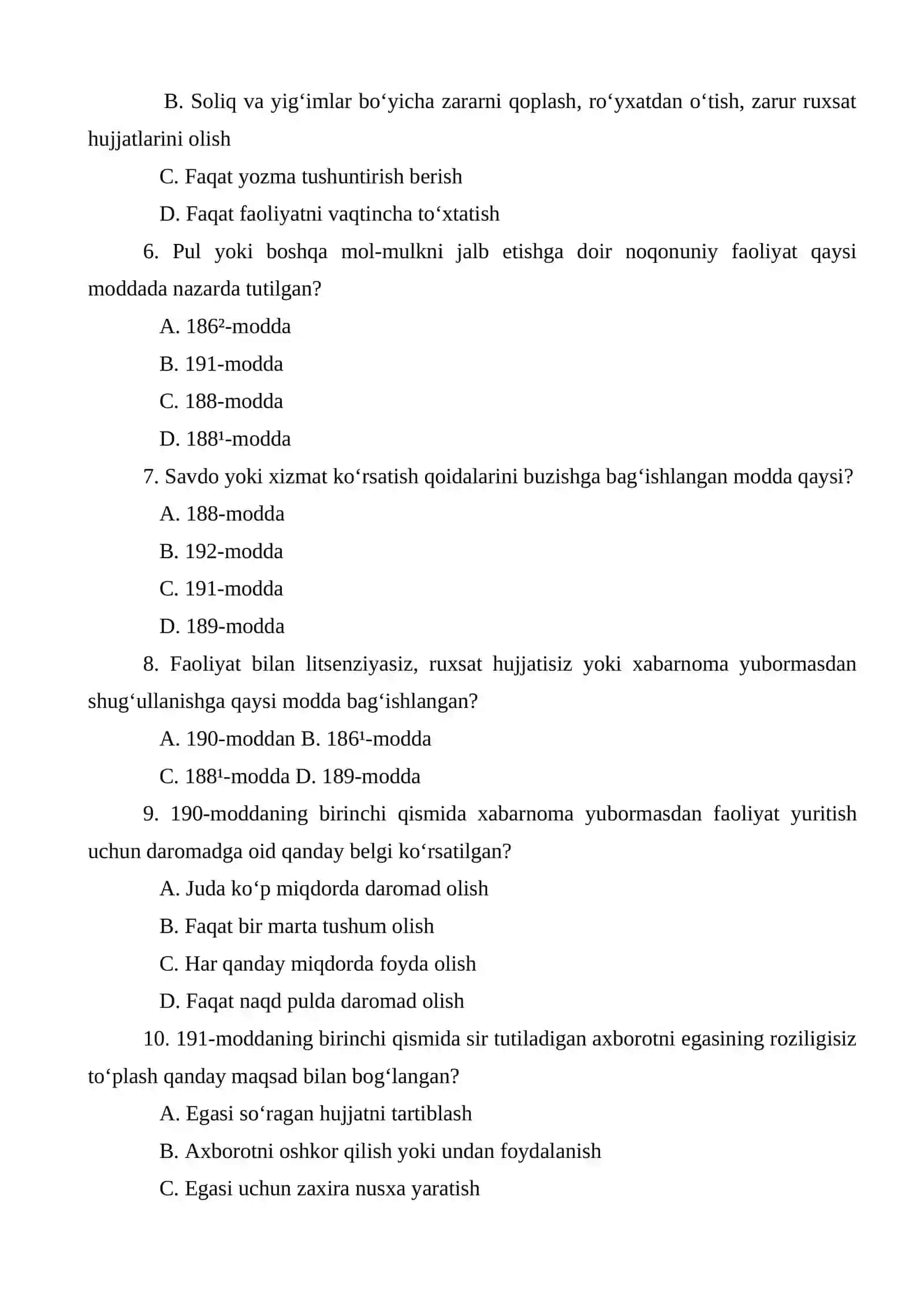 Xo‘jalik faoliyati sohasidagi jinoyatlar test 2
