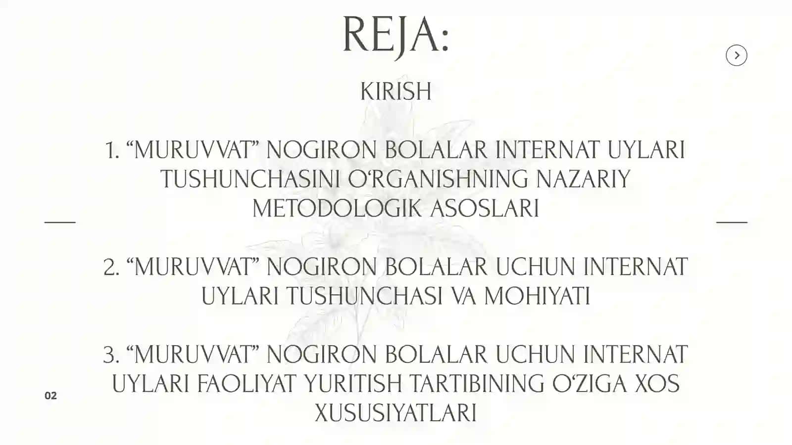 MURUVVAT” NOGIRON BOLALAR UCHUN INTERNAT UYLARI FAOLIYATI YURITISH TATRIBI 2